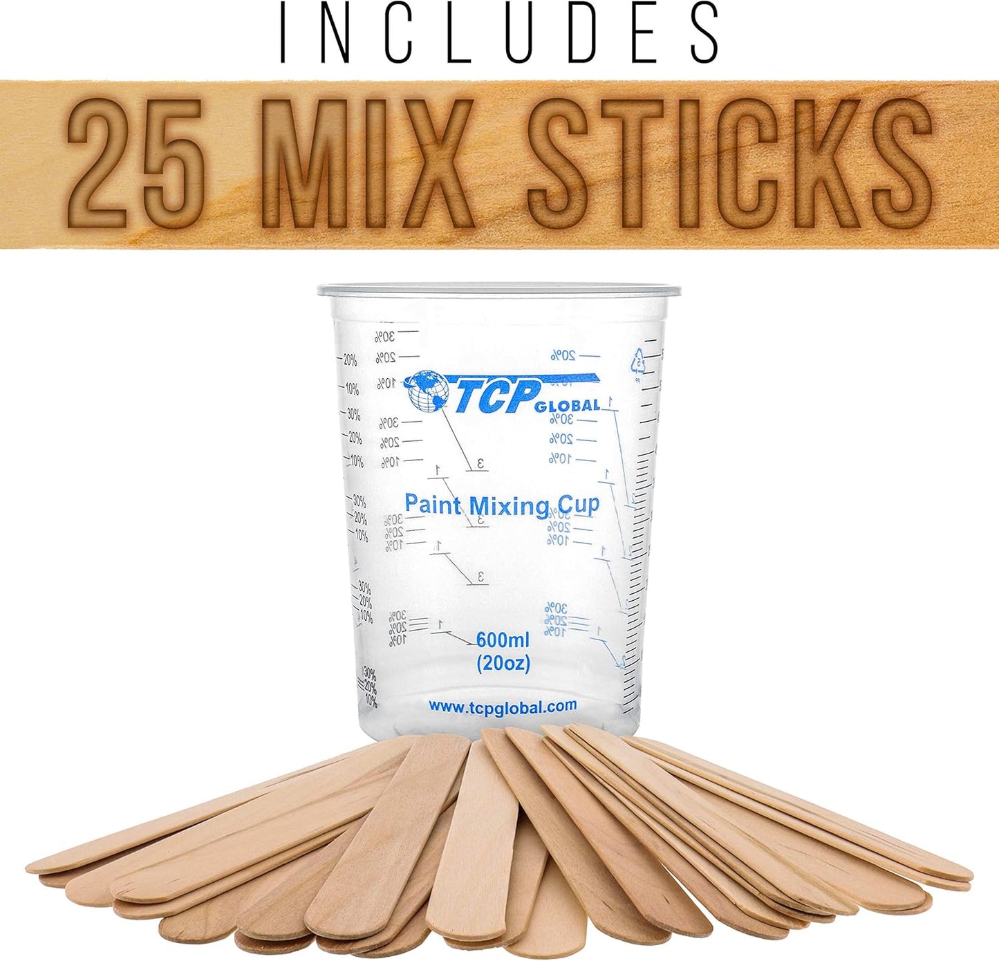 TCP Global 20 oz. (600ml) Graduated Plastic Mixing Cups - Box of 25 with 25 Mixing Sticks - Disposable Plastic Measuring Cups for Liquids, Paints, Resin, Epoxy, Art, Kitchen - Ratios 2-1, 3-1, 4-1 ML