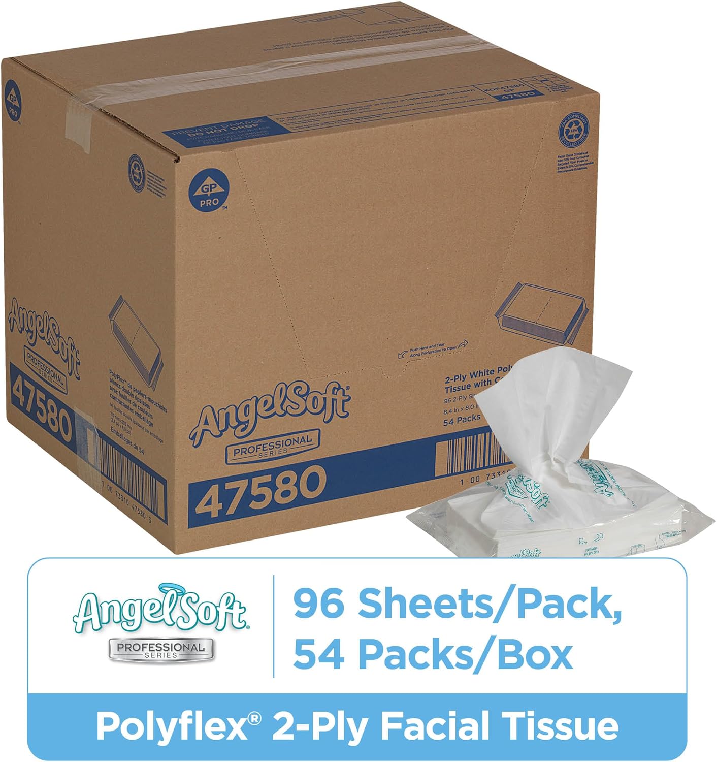 Georgia-Pacific Angel Soft Professional Series Polyflex 2-Ply Facial Tissue Paper (47580),96 Sheets Per Pack, 54 Bulk Tissue Packs Per Case, Fits Any Dispenser
