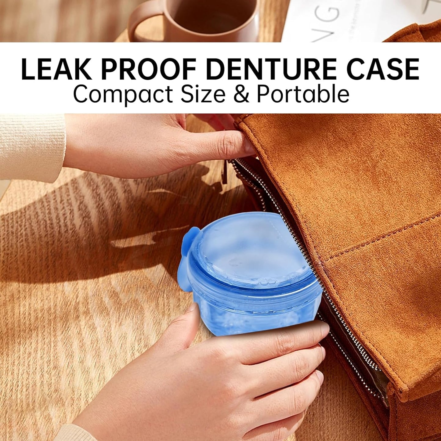 No Leak Partial Denture Case Retainer Bath Box Cup, Denture Soaking Cup False Teeth Holder Box Case with Strainer Basket and Brush - Transparent Blue