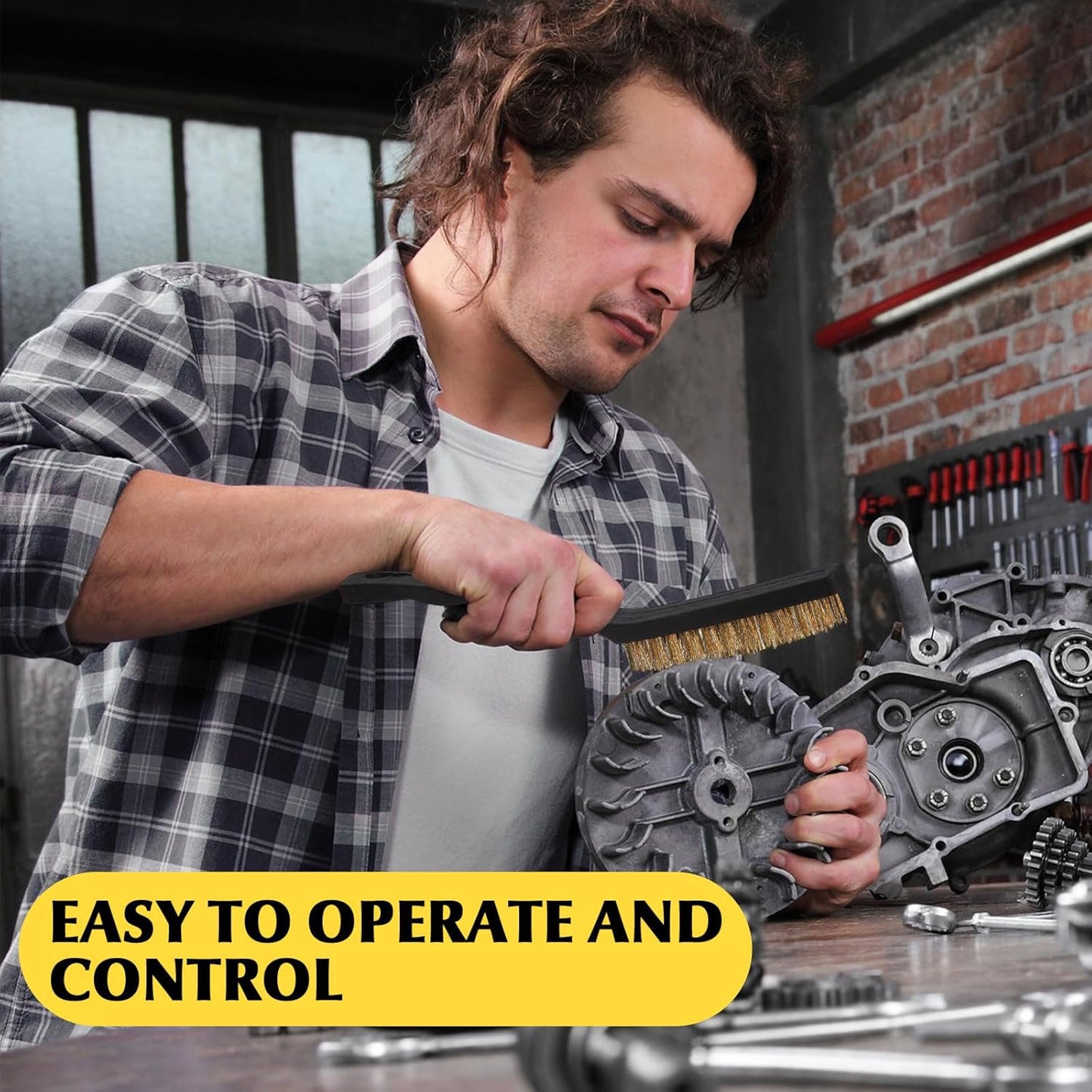 Sumind 30 Pcs Wire Cleaning Brush Set Nylon/ Stainless Steel/ Brass Metal Brush with Curved Handle Grip Paint Remover for Cleaning, Rust, Drill, Scrub, Grout Cleaner Tool (Yellow and Black)