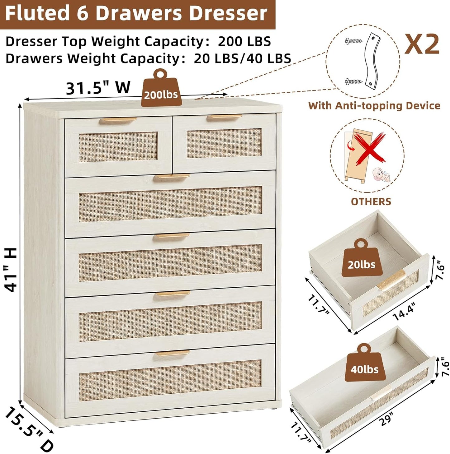 LEYAOYAO White Dresser for Bedroom Set of 2, 42" Tall Chest of Drawers, Modern 6 Drawers Boho Rattan Dressers with Storage, Dresser Wooden Closet Organizer for Living Room, Hallway