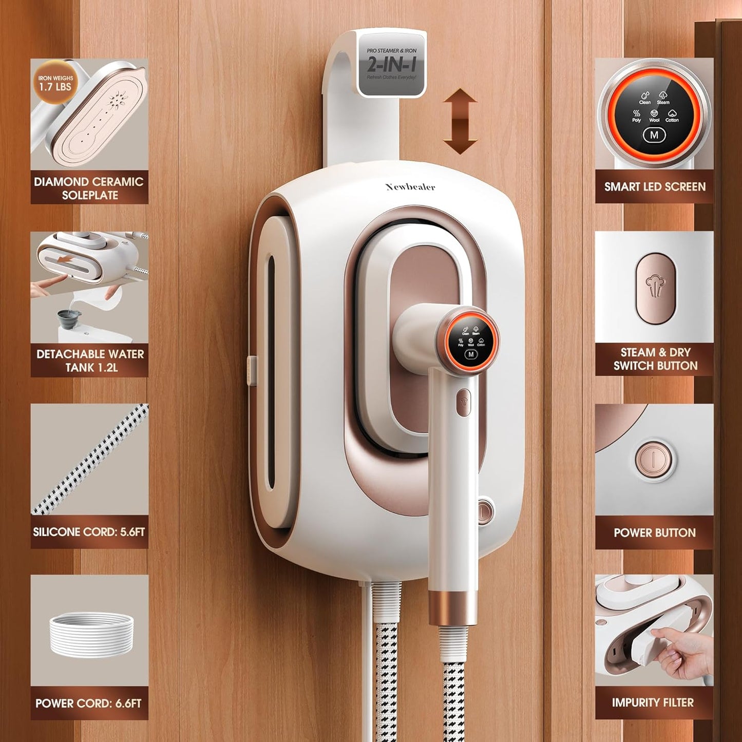 Newbealer 2In1 Pro Steam Station Iron, 1550W Turbocharged Steam for Clothes, 3-Level Steam & Dry Ironing, 30s Heat Up, 1.2L Detachable Tank, Auto-Off, Self Cleaning, Innovative Storage for Household