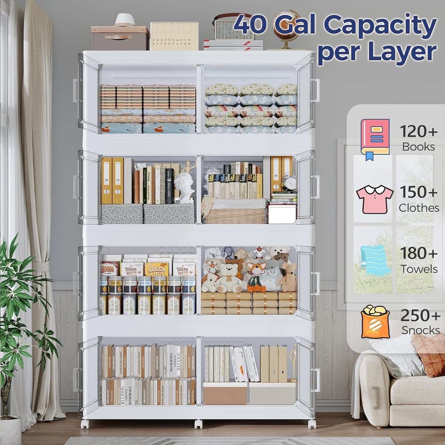 200GAL Storage Bins with Lid and Wheels, Stackable Closet Organizers and Storage Drawer, Collapsible Storage Box with Dividers, Foldable Plastic Cabinets Cubes Totes for Garage, 5 Pack White
