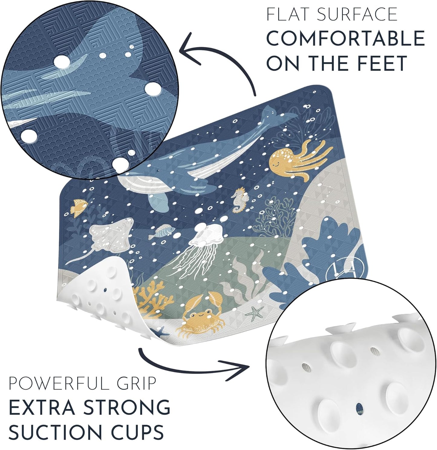 Homerella Anti Slip Shower Mat | Anti Mold Non Slip Bathtub Mat for Inside Shower | Square Floor Shower Mat 21 x 21 inch with Suction Cups for Grip & Hooks Hanging and Quick Drying | Machine Washable