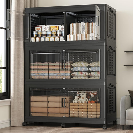 120GAL Extra Large Storage Bins with Lid, 480Qt Stackable Closet Organizers and Drawers, Collapsible Storage Bins with Wheels, Folding Storages Cabinet for Home Bedroom Office, 3Pack Black