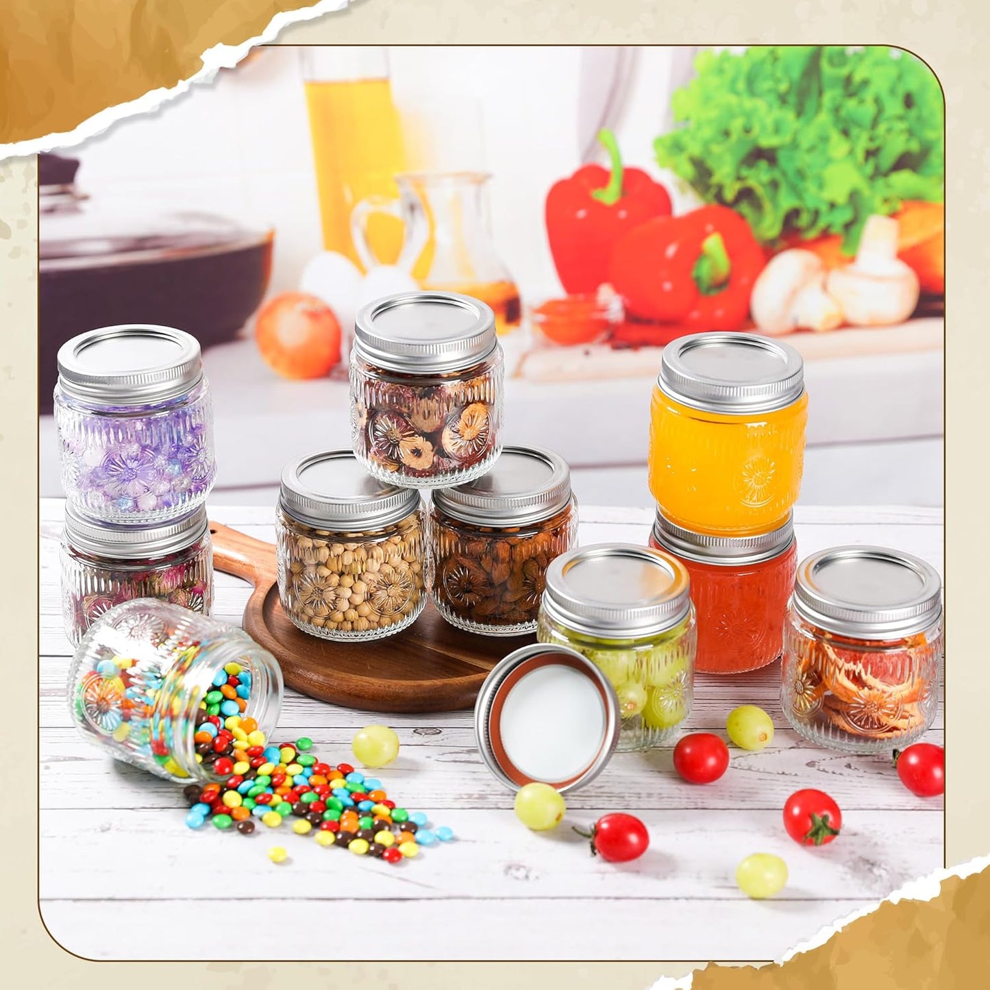 Mason Jars 8 oz - Vintage Small Glass Mason Jars with Silver Metal Lids, Regular Mouth Canning Jars, Safe For Storage, Canning, Pickling, Preserving, Fermenting, DIY Crafts & Decor (6Pack)