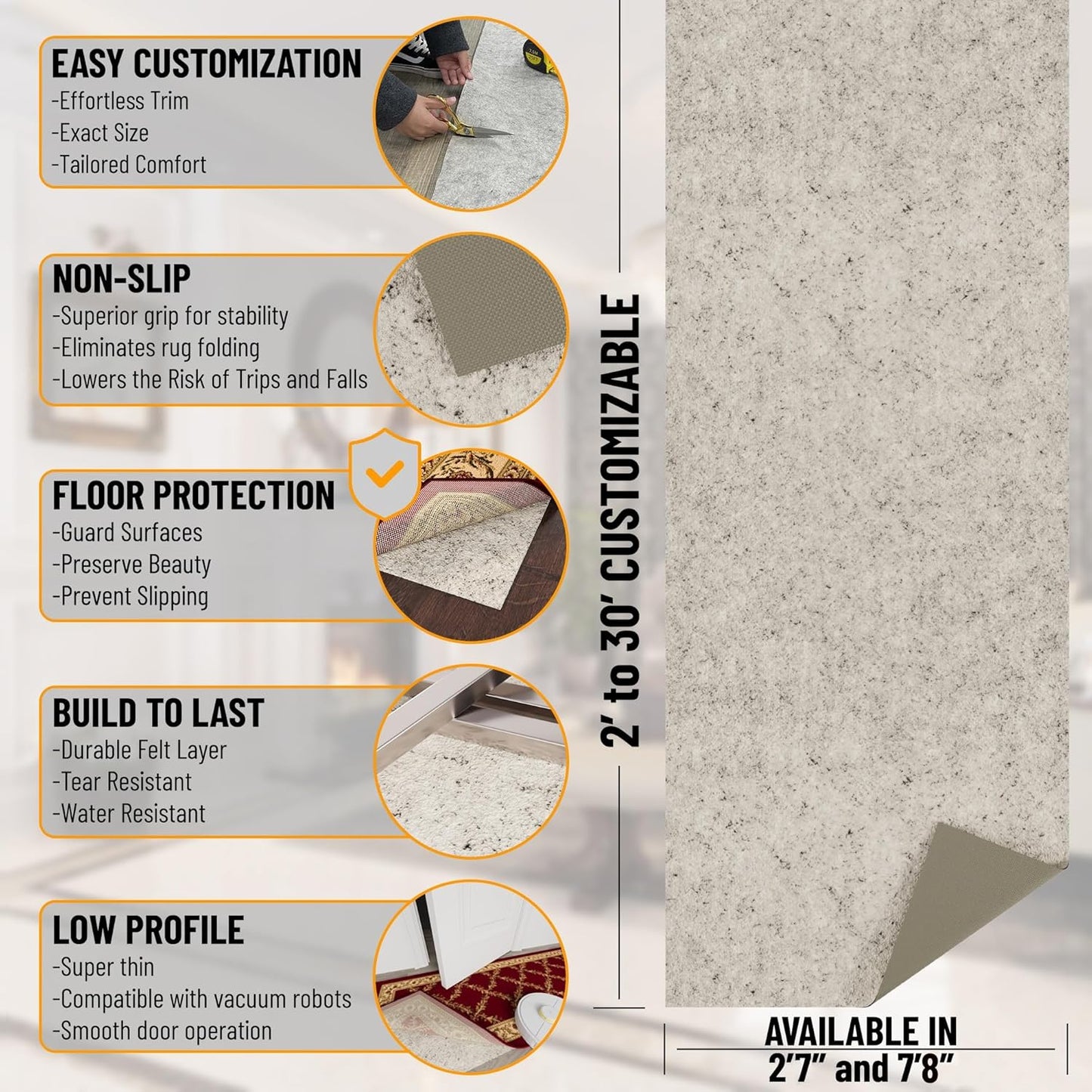 Ottomanson 2'7" x 10' Non-Slip Rug Pad Gripper 1/12 Inch Ultra Thin Dual Surface Felt + Rubber Gripper - Safe for All Floors, Cream