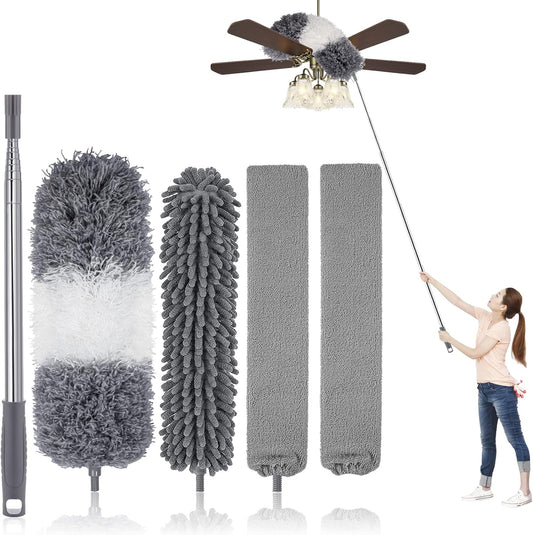 Microfiber Feather Duster Kit with Extension Pole (30–100") – Bendable Washable Heads, Extendable