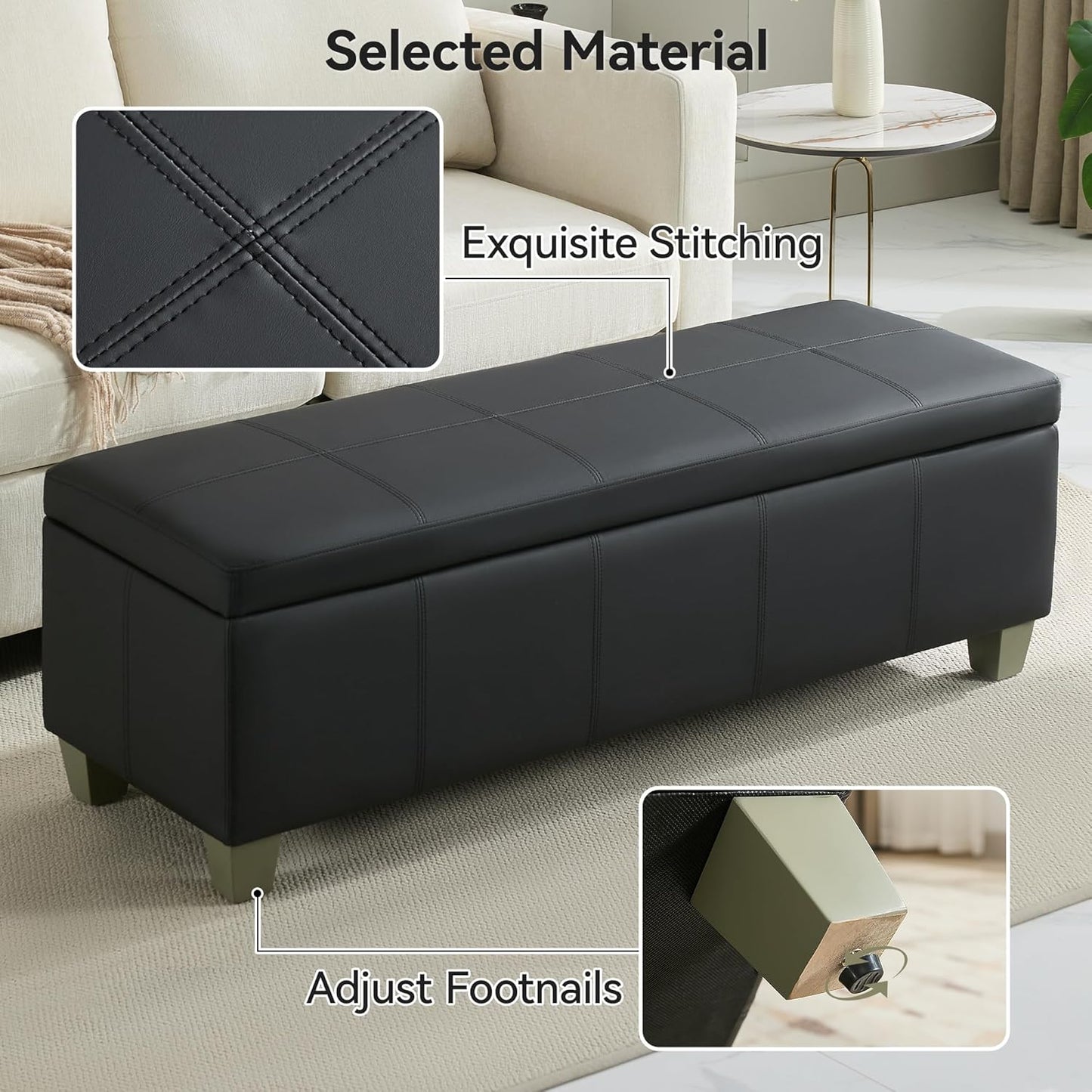 51" Faux Leather Storage Ottoman, Stitch Tufted Rectangle Upholstered End of Bed Storage Bench, Entryway Large Couch Ottoman with Wooden Legs, Dark Black