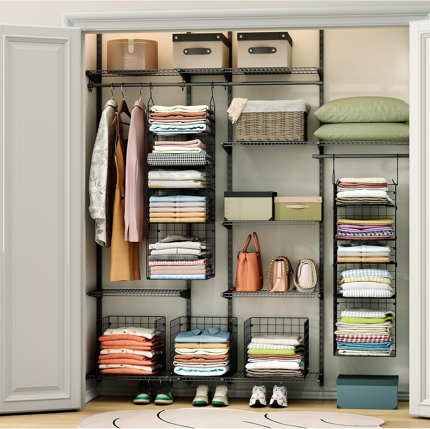 X-cosrack Hanging Closet Organizer and Storage - 5-Tier Closet Storage Organizer Baskets for Clothes & Adjustable Collapsible Metal Closet Hanging Organizer Shelves for Sweaters Shoes Handbags