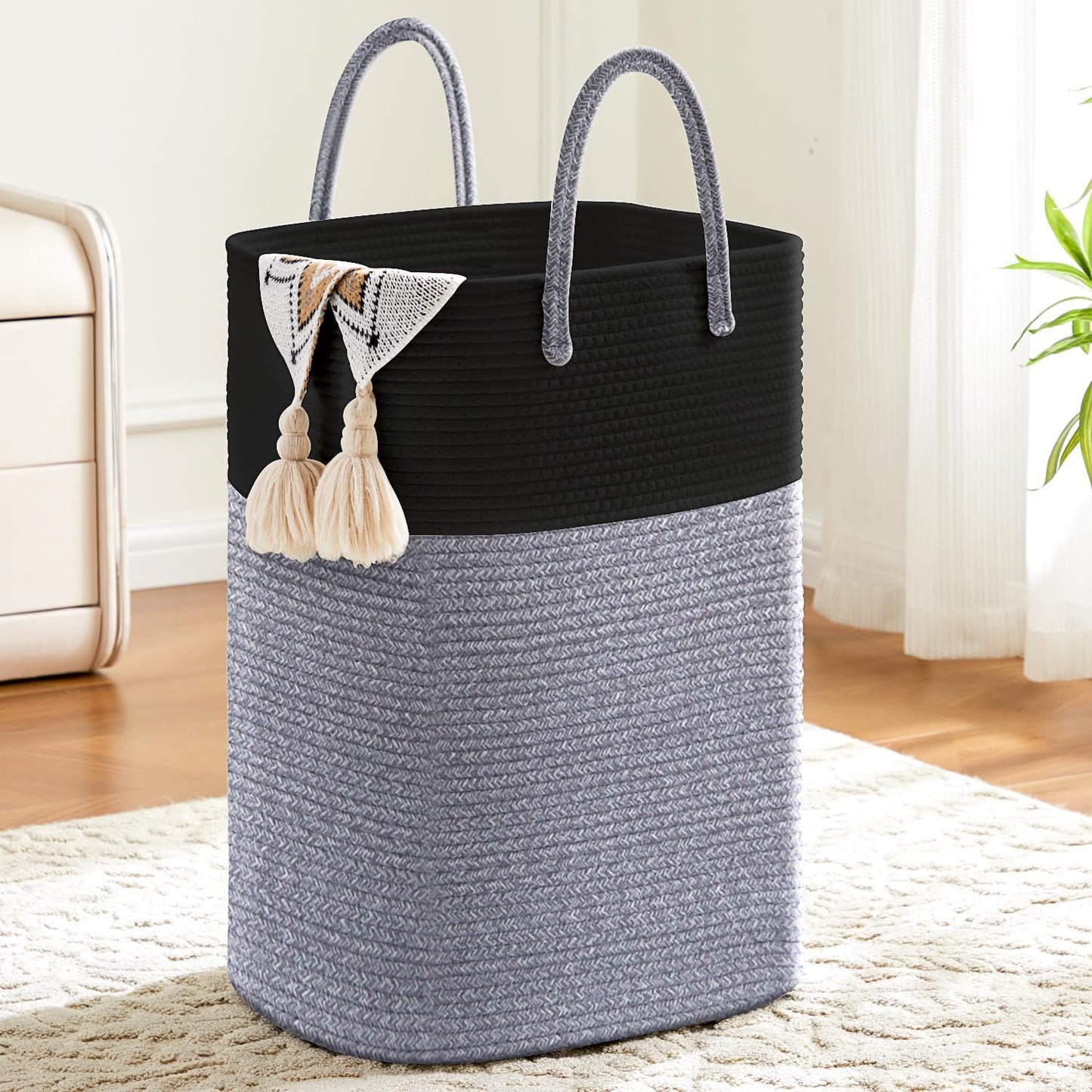 Laundry Basket,Woven Cotton Rope Laundry Hamper,Versatile Storage for Dirty Clothes,Baby Toys,and Blankets in Bathroom, Nursery,and Living Room (Black, 40L)