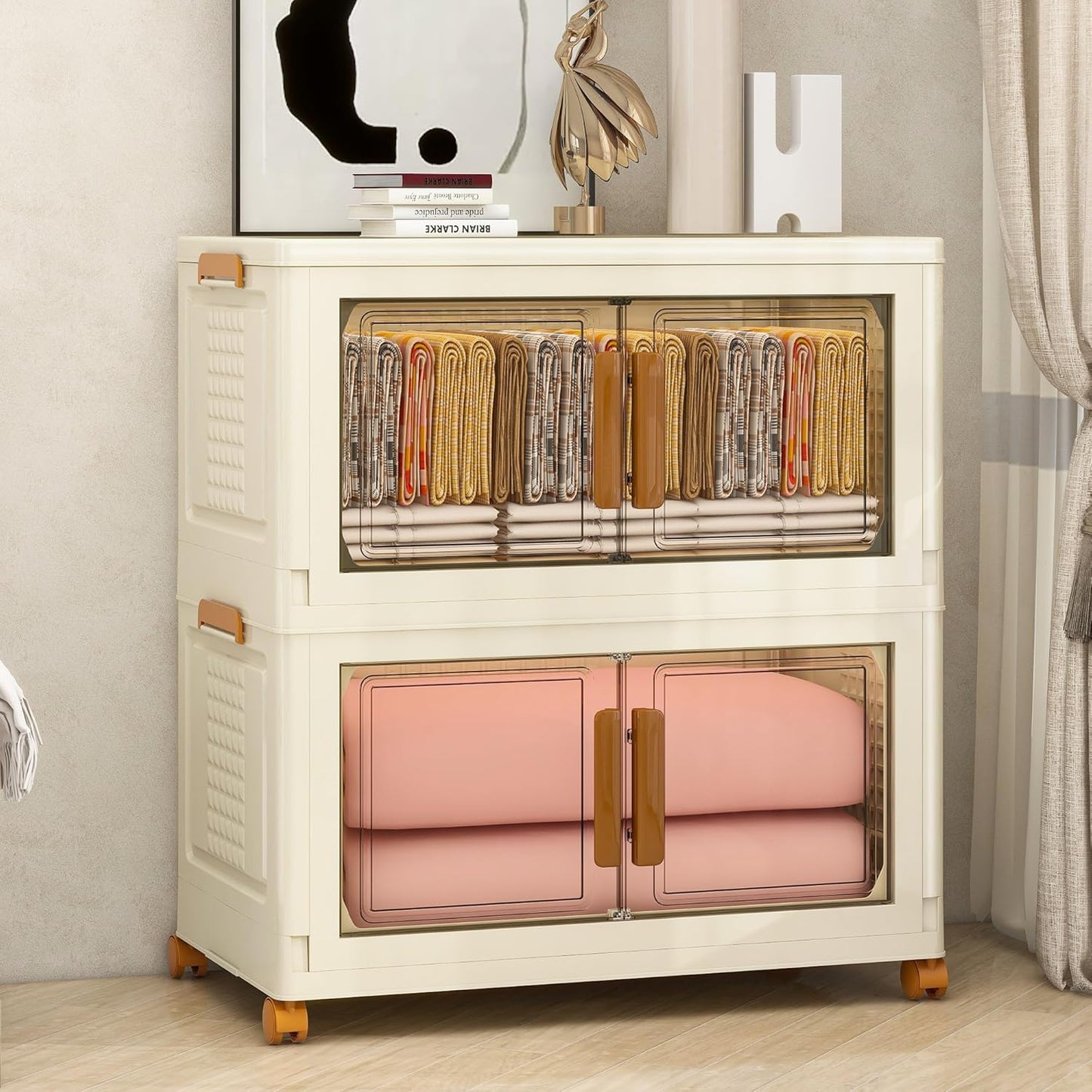 Plastic Stackable Storage Bins with Lids and Wheels, Foldable Closet Organizers and Storage Containers for Bathroom, Collapsible Clear Drawer Storage Cabinet with Doors White 45Gal 2Tiers