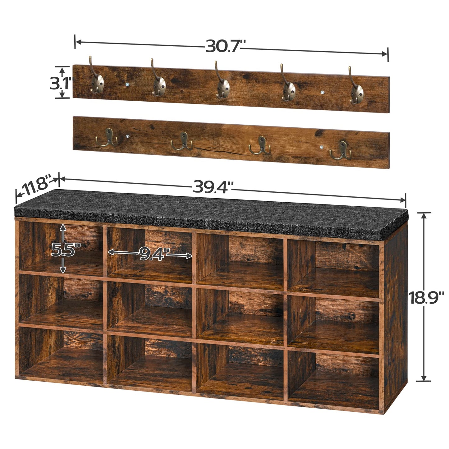 HOOBRO Shoe Storage Bench with Cushion, 39.4" L Entryway Bench with 12 Cubbies, Entryway Hall Tree