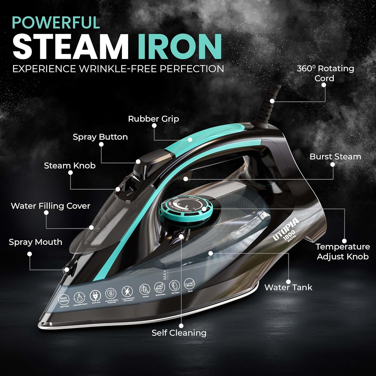Utopia Home Steam Iron for Clothes - Non-Stick Soleplate - 1800W Clothes Iron With Auto-Off Safety Feature - Adjustable Thermostat Control, Variable Steam Control, Self-Clean, 8 Feet Cord (Black/Teal)
