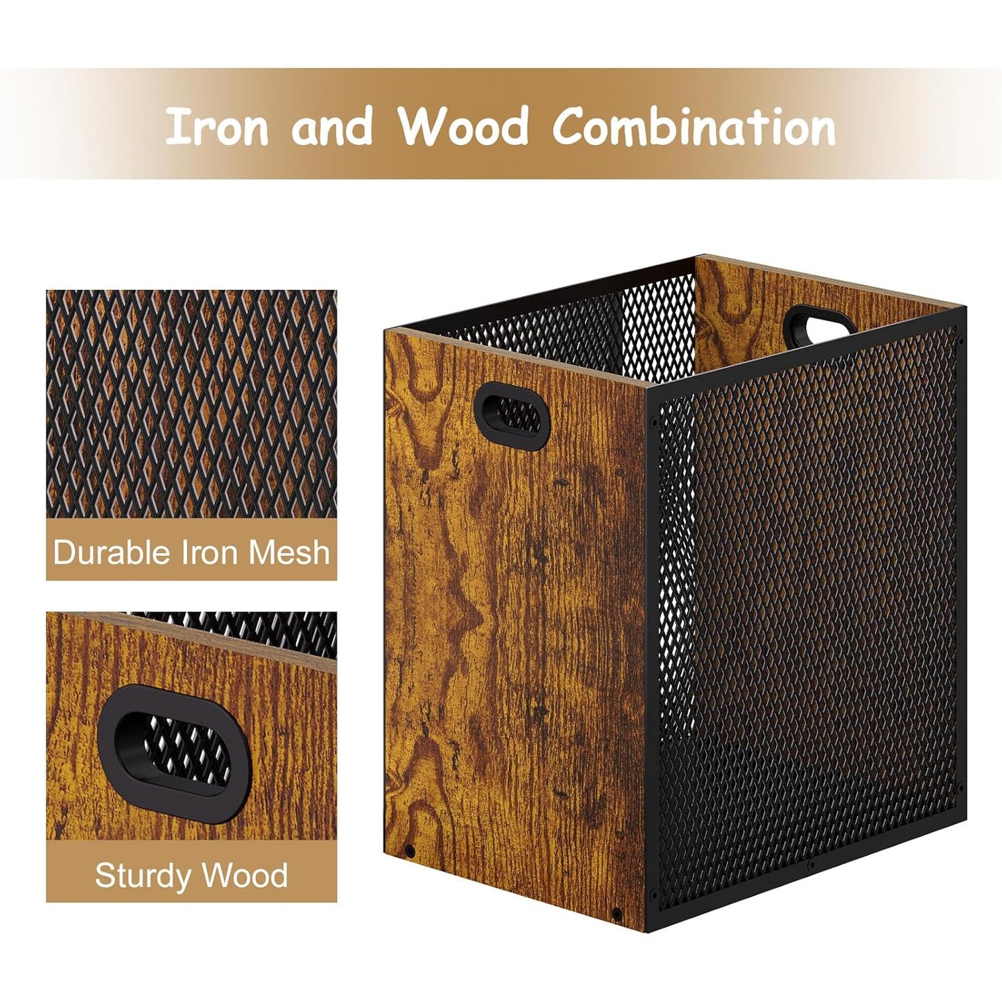 Retro Office Trash Can, Iron and Wood Combination Bedroom Garbage Can, Rectangular Design Wastebasket with Handle, Industrial Style Trash Can for Home Office, 4.5 Gallon (Patent Pending)