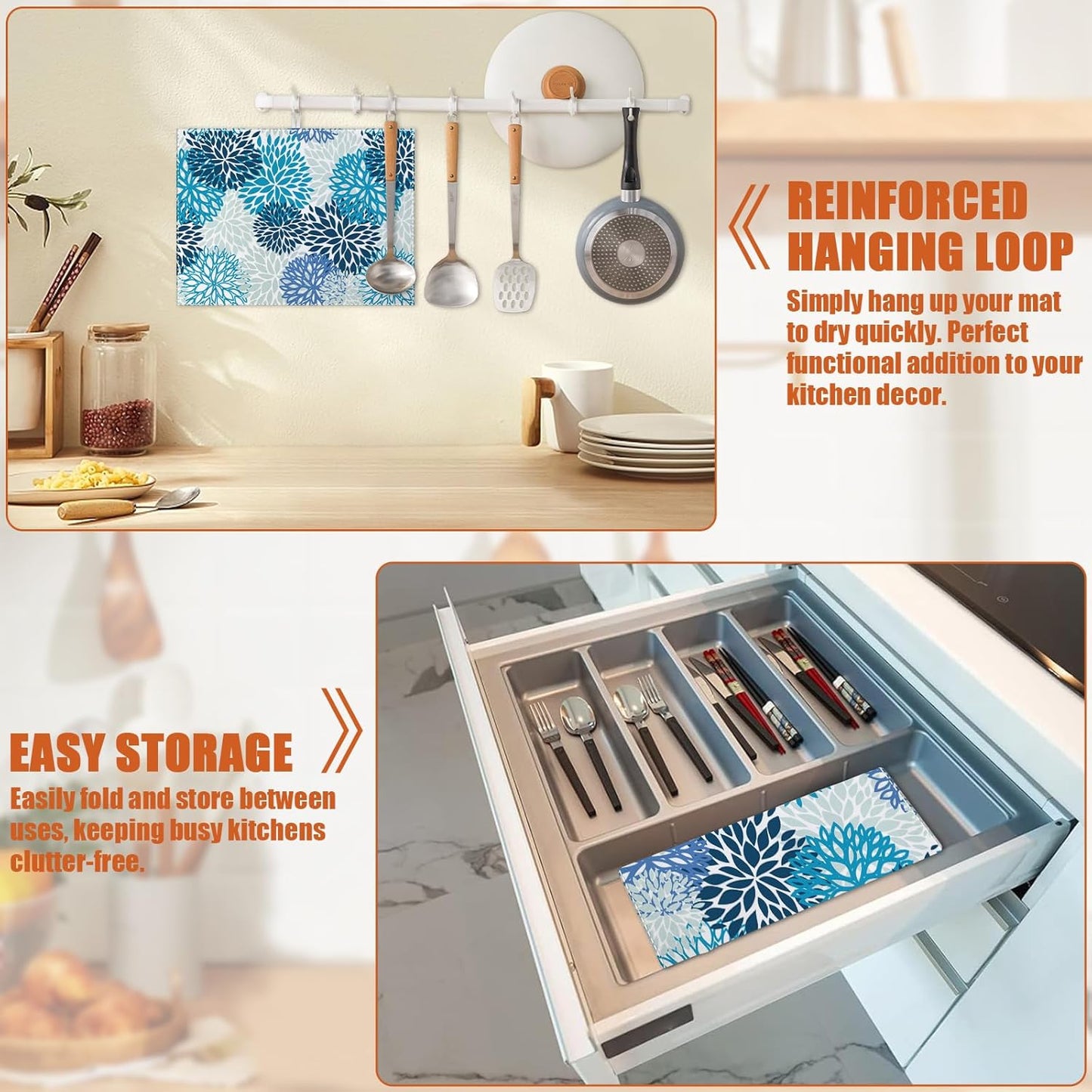 Blue Floral Dish Drying Mat for Kitchen Counter Microfiber Absorbent Dish Kitchen Drying Mat Draining Reusable Washable for Dishes/Utensils/Counterto