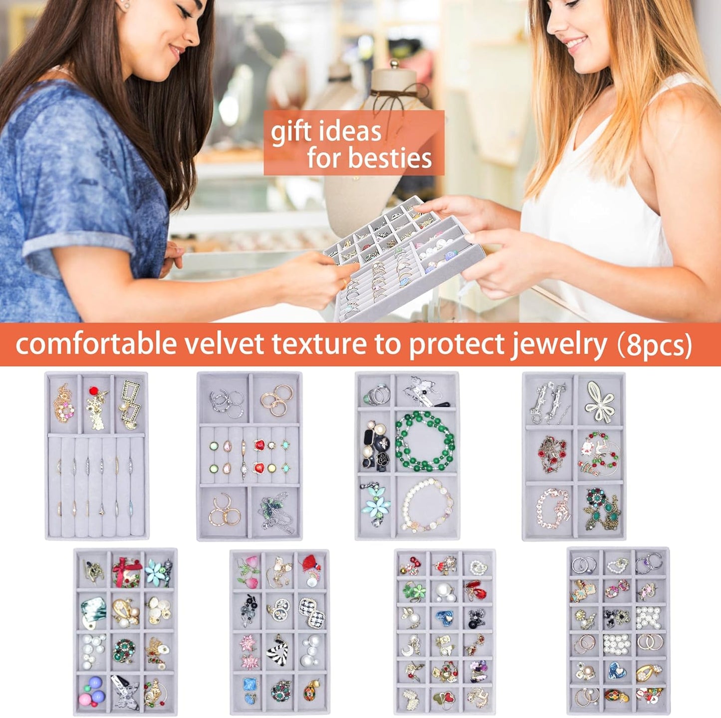 Jewelry Storage 8PACK, Velvet Jewelry Organizer Trays, 4PCS Stackable Jewelry Tray for Drawers, Grey Organizer for Rings, Earrings, Necklaces, Watches, Bracelets, Brooches
