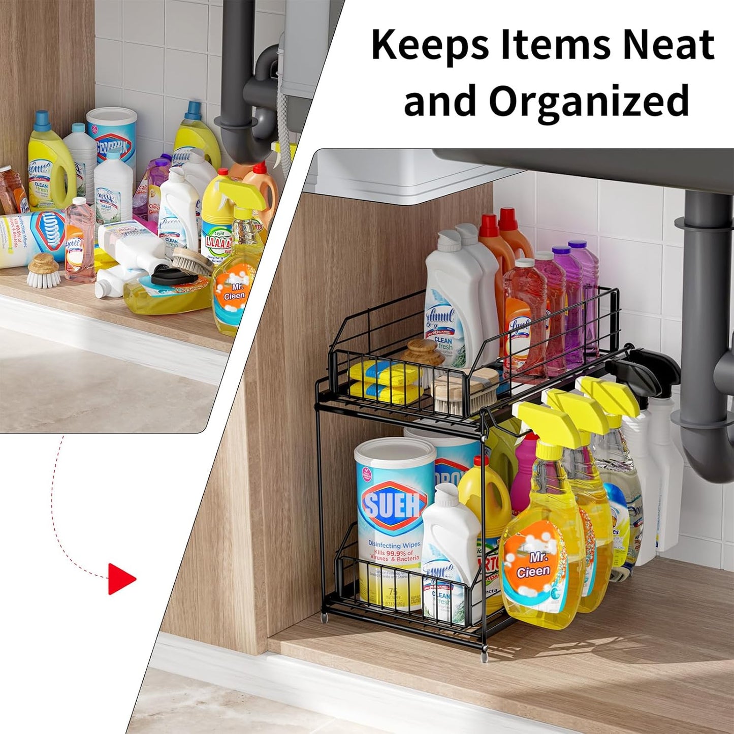 SUEH DESIGN Under Sink Organizers and Storage, 2 Tier Metal Under Sink Storage with Hanging Rail for Kitchen Bathroom Cabinet Organizer, 2 Pack