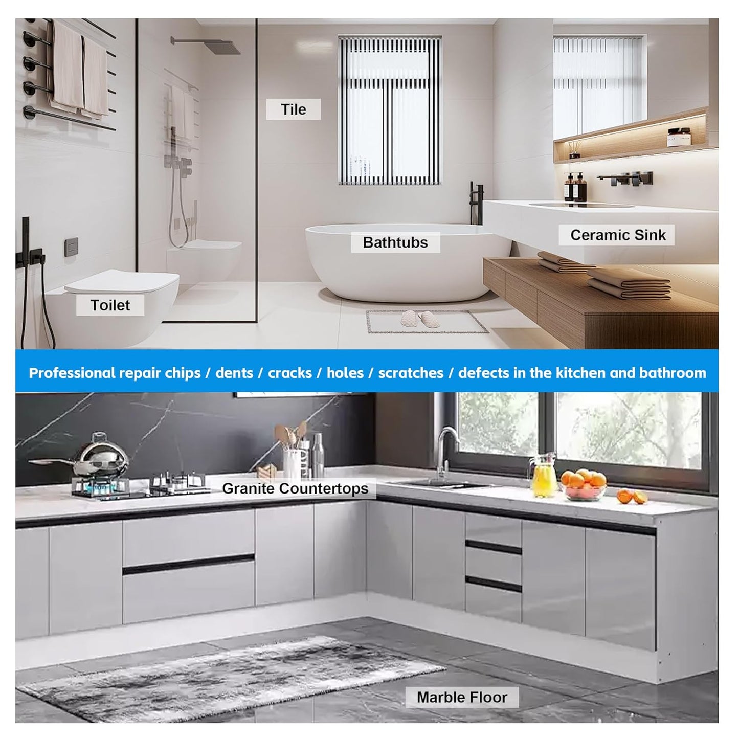 Tub Repair Kit White(Color Match), Fiberglass Porcelain Repair Kit for Acrylic, Ceramics, Enamel, Tile, Repairs Chips, Cracks, Scratches, Holes on Tub, Tile, Bathtub, Toilet, Sink, Shower Tray