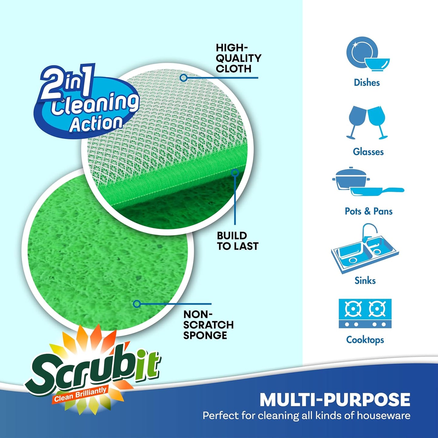 Scrub and Wipe Cleaning Pads [10 Pack] – SCRUBIT Dual Sided Scouring Pad and Sponge - Reusable Kitchen Scrubbing Sponges for Dishes, Pots, Pans Utensils & Non-Stick Cookware (Green)