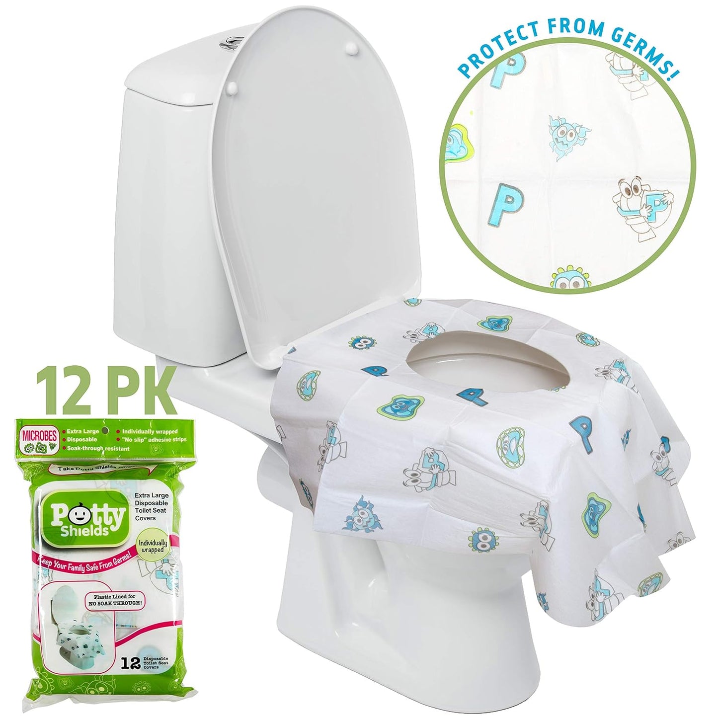 Toilet Seat Covers Disposable (12 Pack) - XL Waterproof Toilet Cover for Toddlers, Kids & Adults - Portable & Individually Wrapped for Travel, Potty Training, Vacations, Public Restrooms