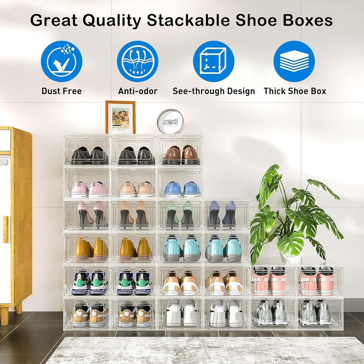 Mitees 10 Pack XX Large Thicken Sturdy Hard Plastic Clear Stackable Shoe Storage Boxes for Size 12, Sneaker Shoe Rack Containers Holders Bins Display Case Organizer for Closet, White