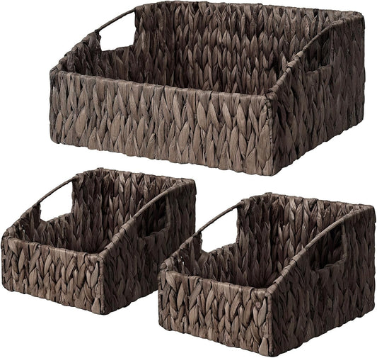 Ollieroo Natural Water Hyacinth Storage Baskets, Handwoven Wicker Storage Bins with Built-in Handles, Storage Container Baskets for Shelves, Bedroom, Bathroom, Laundry Room or Kitchen(Black)