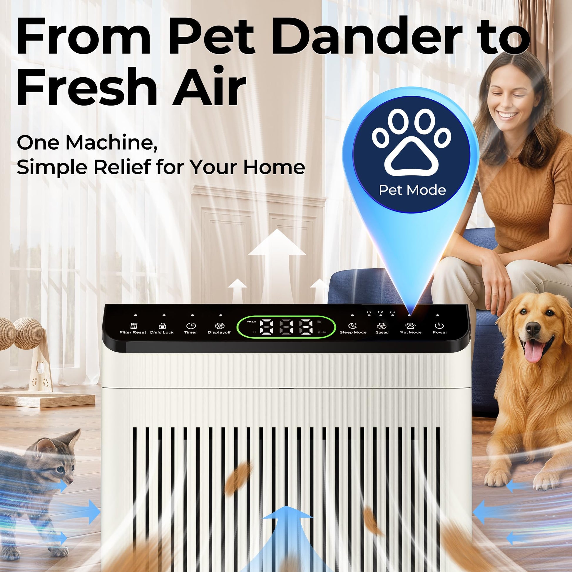 EVALIT Air Purifiers for Home Pets Up to 2200Ft² Pre-Filter Washable, Ivory