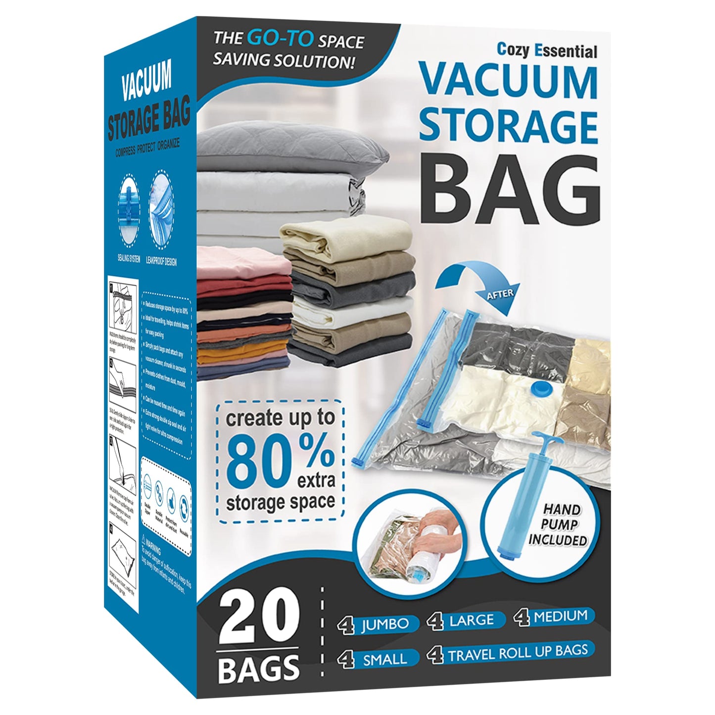 Cozy Essential Vacuum Storage Bags, 80% Compression Vacuum Seal Space Saver Plastic Packaging Bags