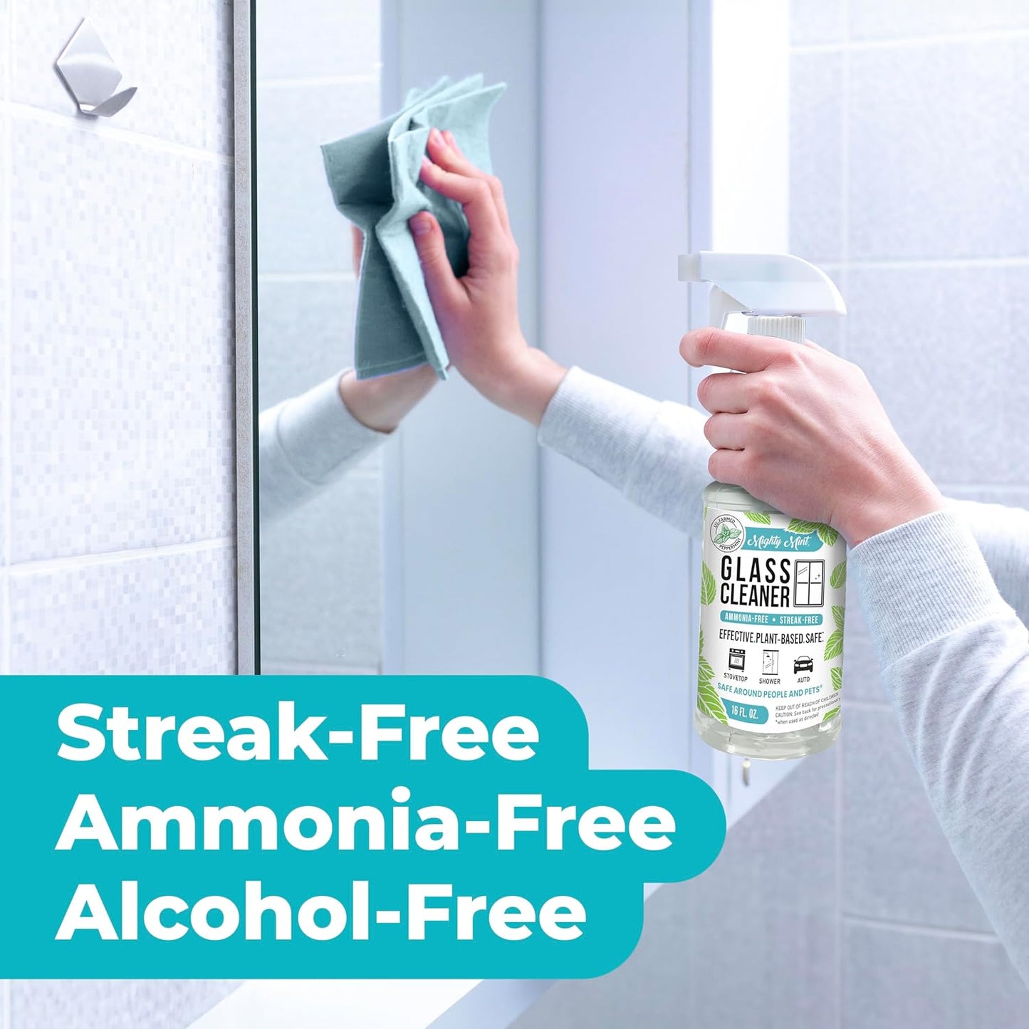 Mighty Mint Glass Cleaner, Ammonia-Free, Streak-Free Spray for Windows, Screens, Stovetop, Bathroom, Natural Peppermint Scent, 16oz