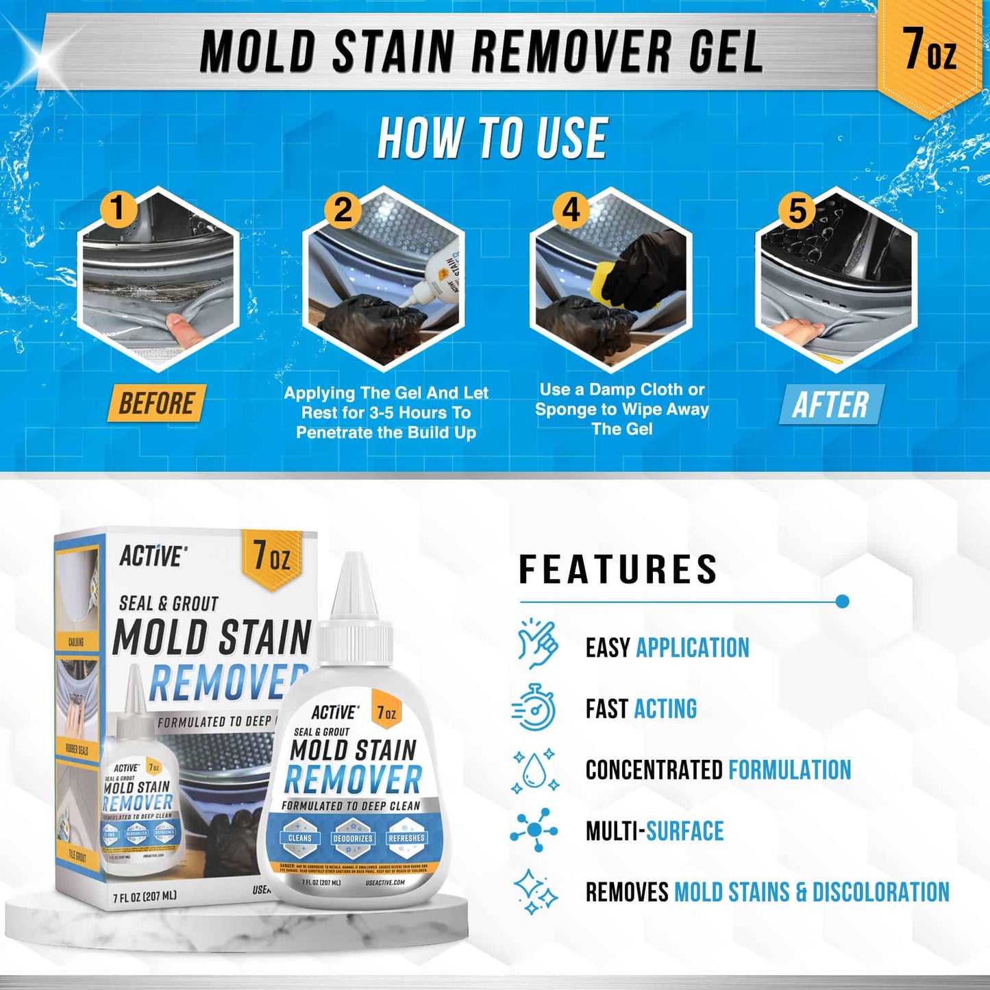 ACTIVE Mold Stain Remover Gel Cleaner Heavy Duty Stain Cleaner for Front Loader Washing Machine
