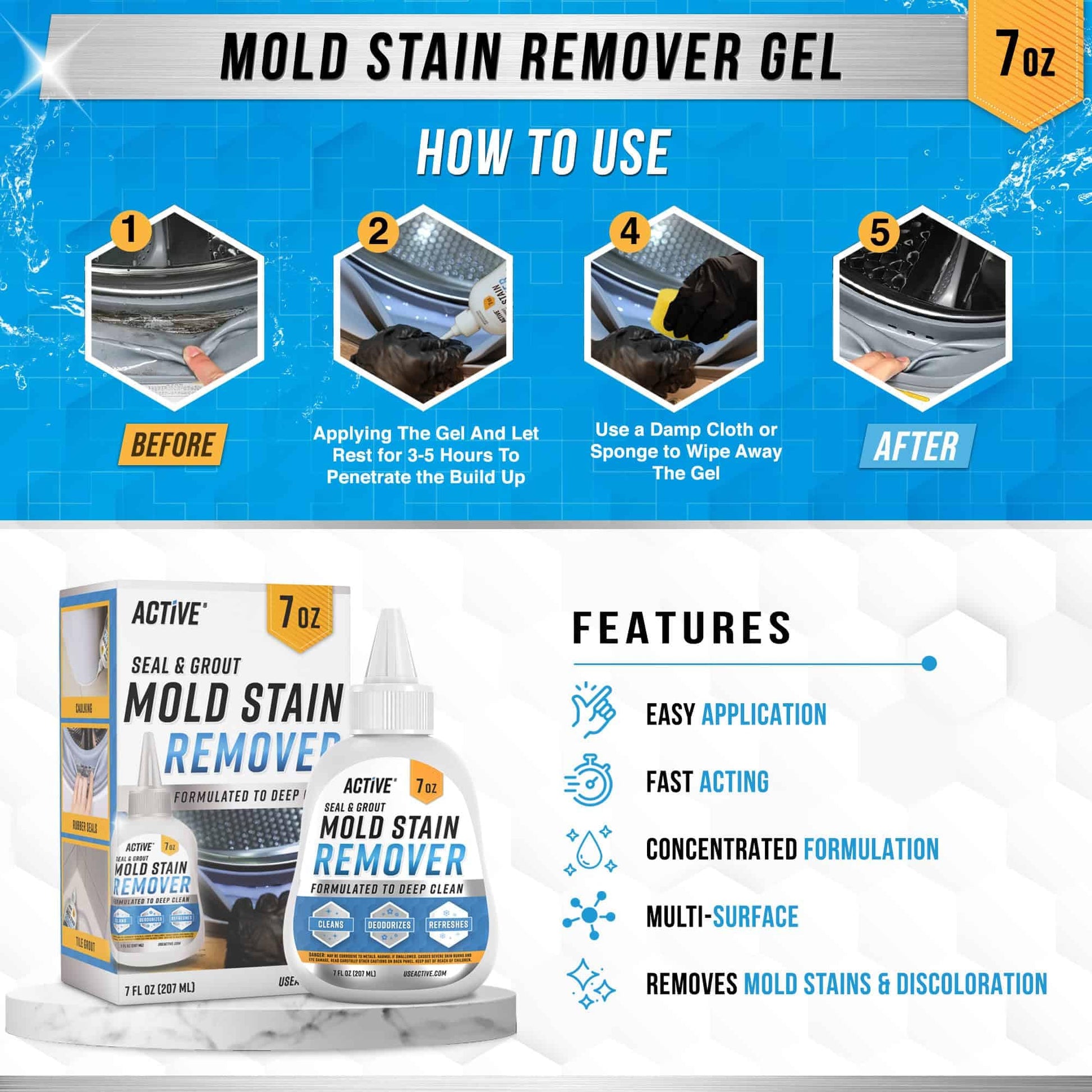 ACTIVE Mold Stain Remover Gel Cleaner Heavy Duty Stain Cleaner for Front Loader Washing Machine