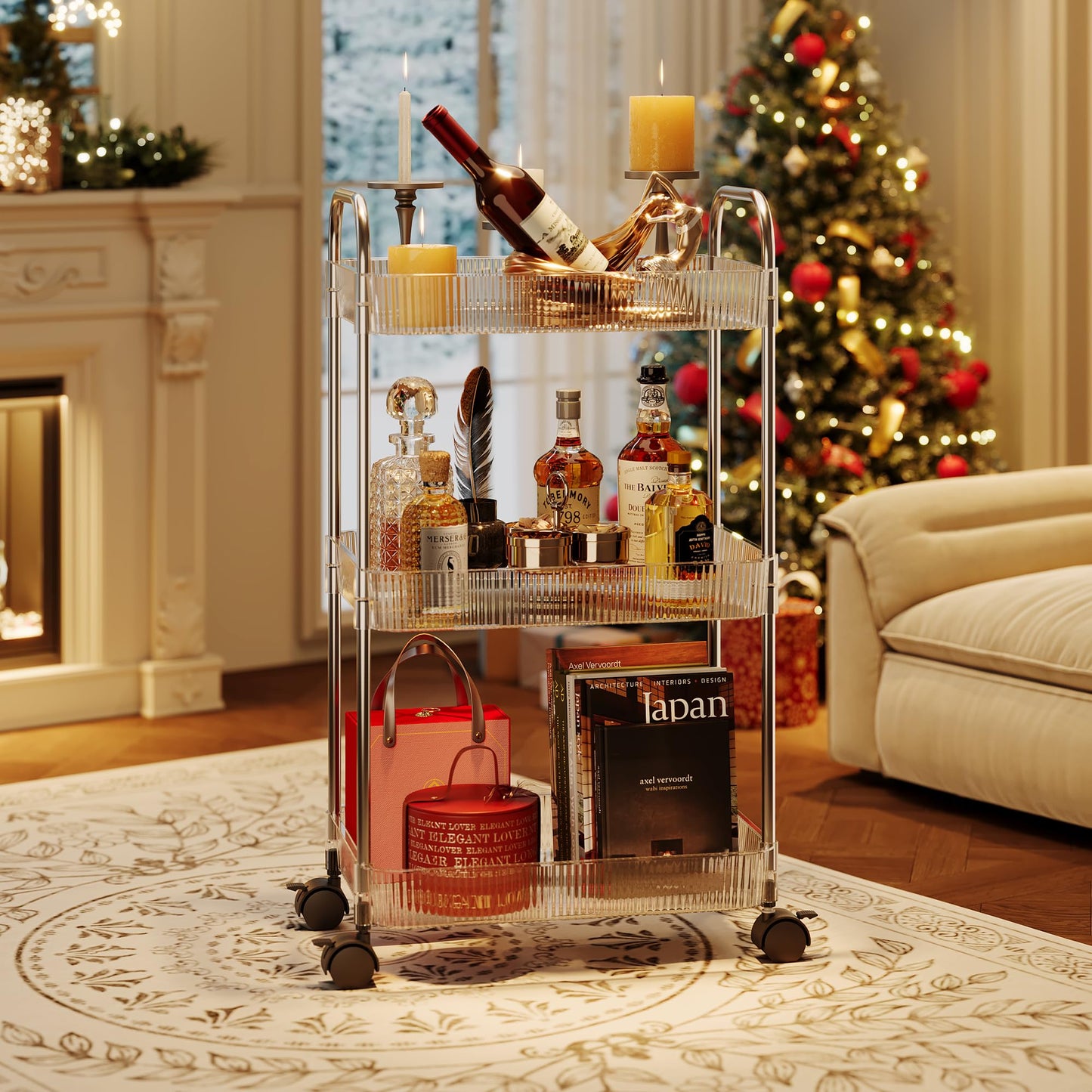STARLATTA 3 Tier Rolling Cart with Lockable Wheels, Clear Acrylic Utility Trolley with Handle