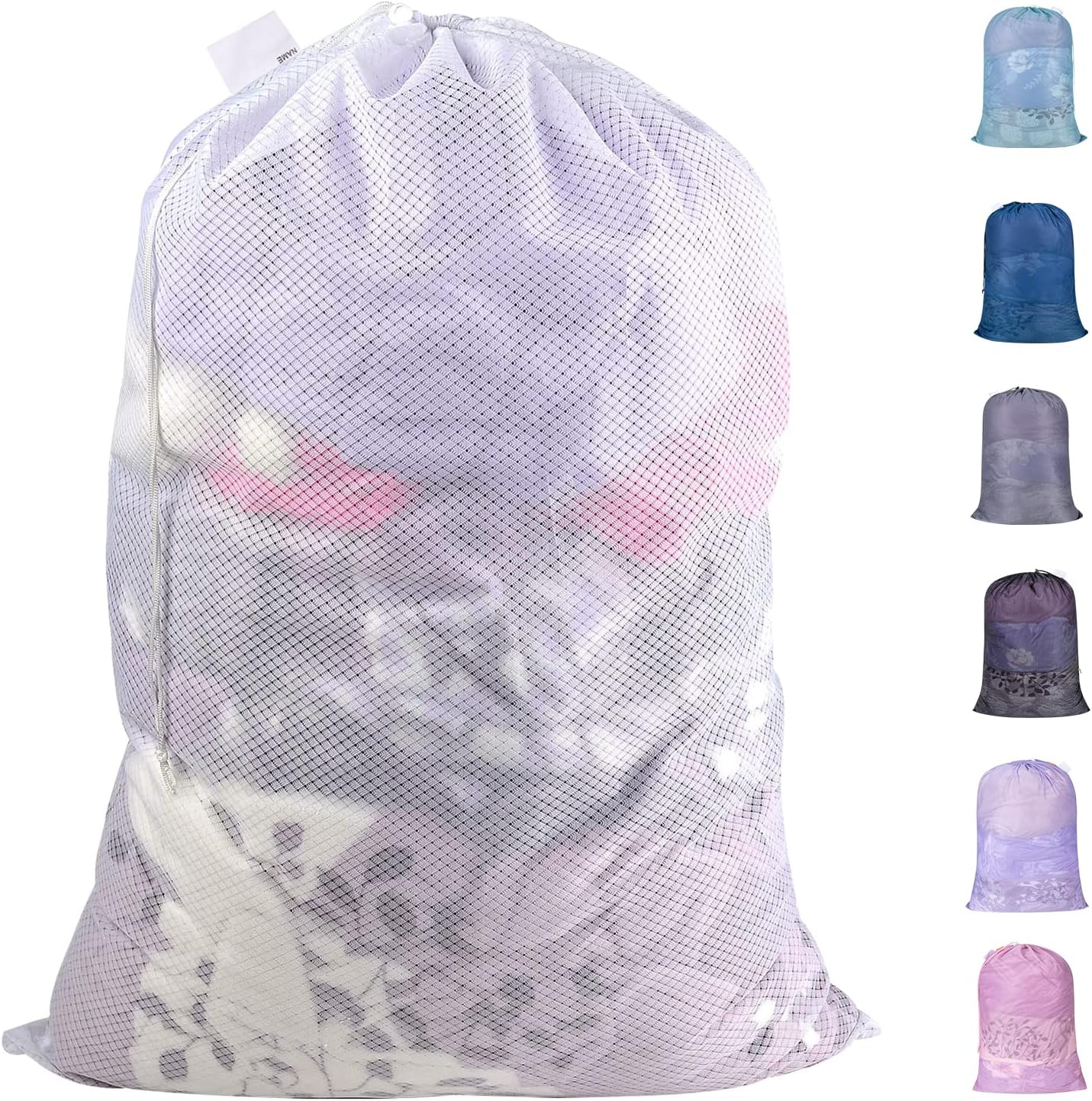 Polecasa Extra Heavy Duty Large Diamond Mesh Laundry Bags with Drawstring Closure & ID Tag, 24 x 36 inches Washable Storage Bag, Laundry Accessory for Hamper, College, Travel, Sports, Dorms, White