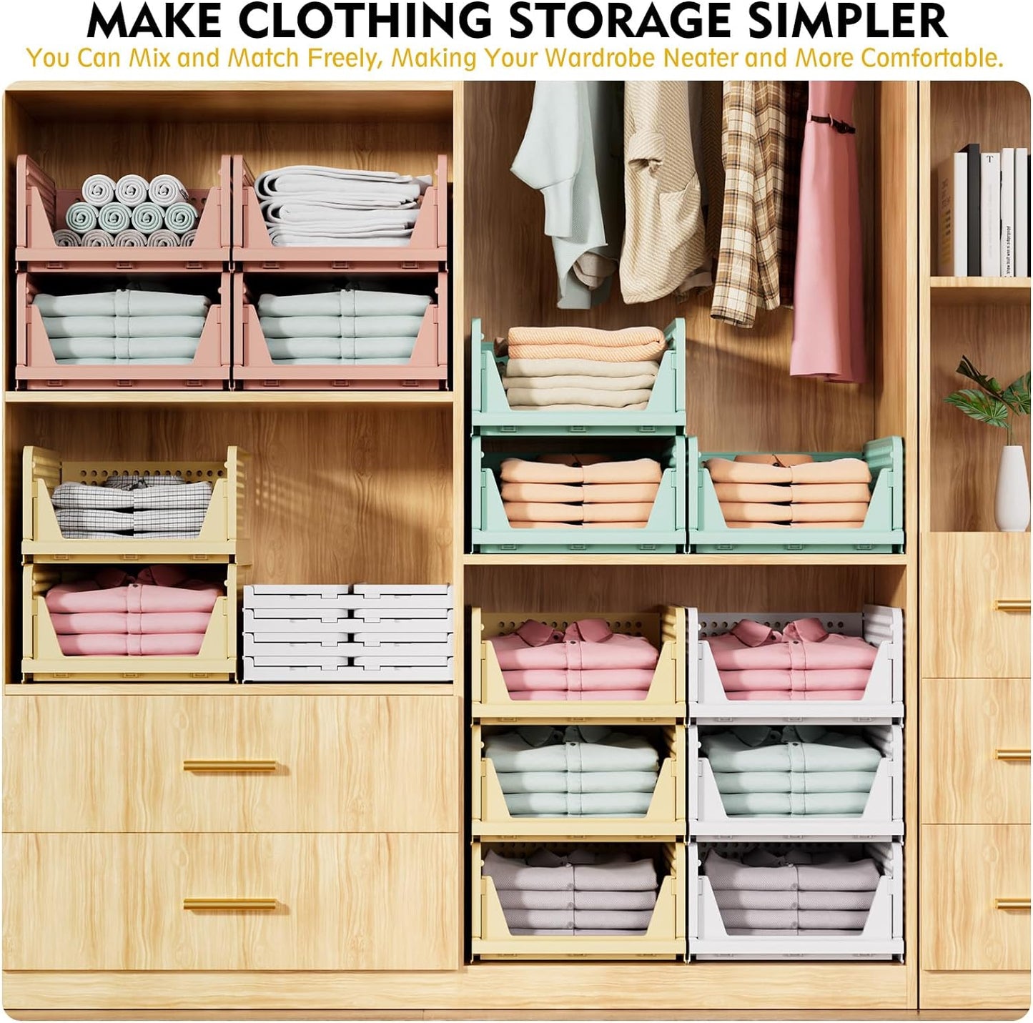 SNSLXH 5 Pack Stackable Closet Organizer Box, Multifunctional & Foldable Closet Storage Basket for Bathroom Kitchen Laundry Room Wardrobe Storage, Space-Saving Clothes Storage Drawer Organizer, Pink