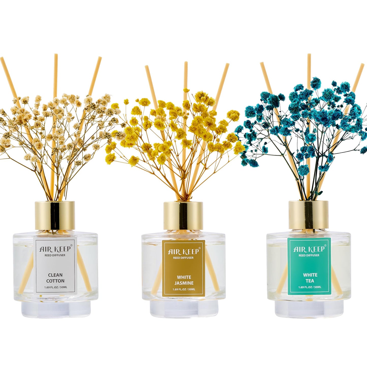 Airkeep Reed Diffuser Set of 3,Clean Cotton White Jasmine White Tea Oil Reed Diffusers for Bedroom