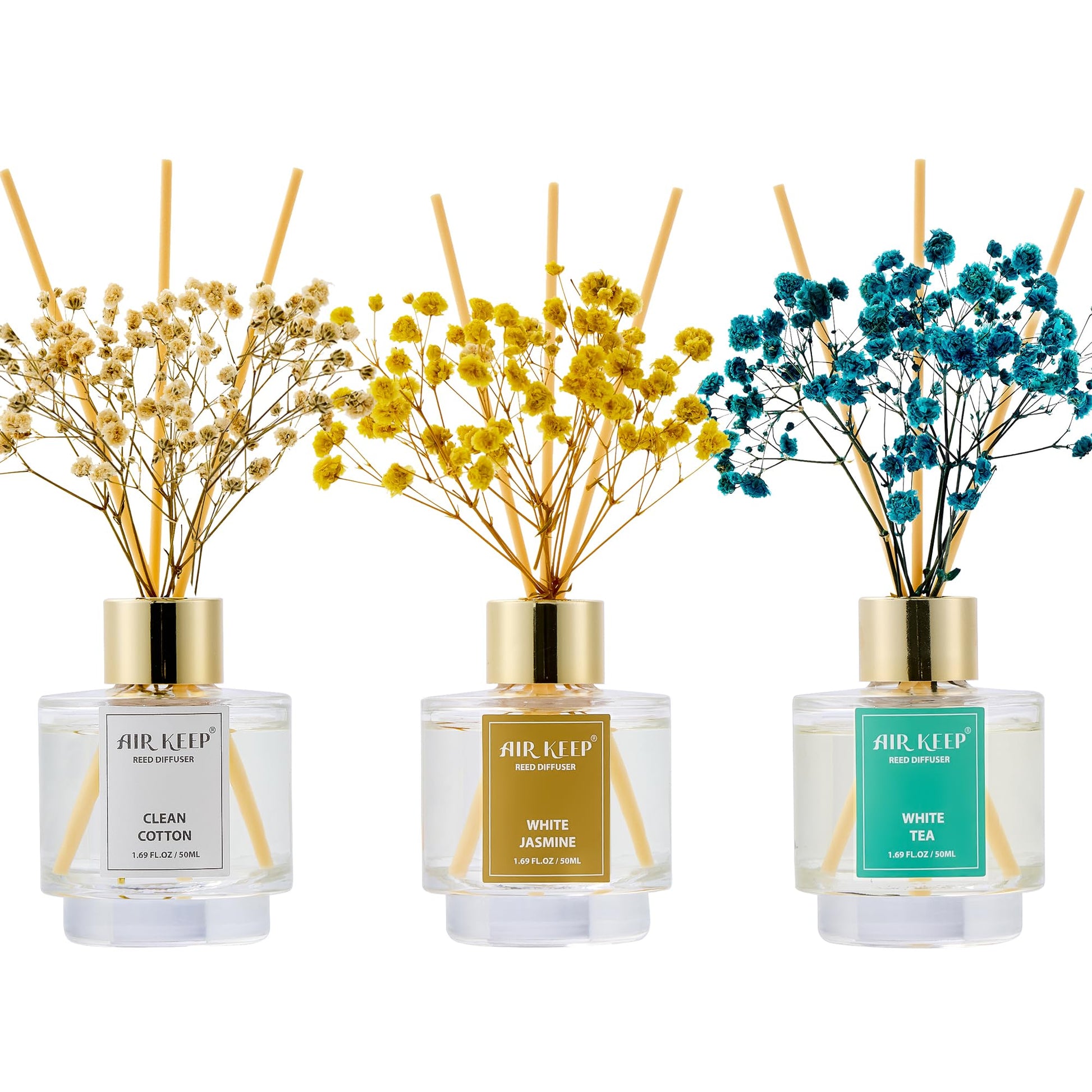 Airkeep Reed Diffuser Set of 3,Clean Cotton White Jasmine White Tea Oil Reed Diffusers for Bedroom
