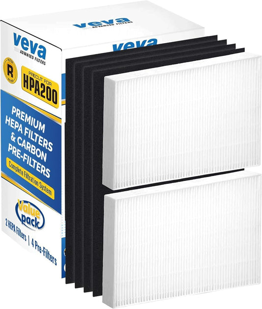 HPA200 Replacement Filters for Honeywell Air Purifier - 2 HEPA Filters w/ 4 Carbon Pre-Filters, Compatible with HPA200, 202, 204, HRF-ARVP200 Series Filter R