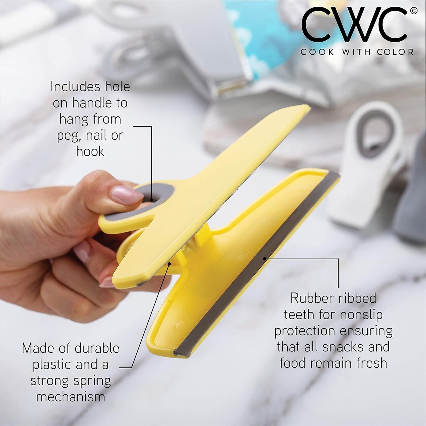 COOK WITH COLOR Bag Clips - Heavy Duty Chip Clip & Refrigerator Magnet for Food Storage with Air Tight Seal Grip, Yellow & Grey, 2 Large & 16 Small