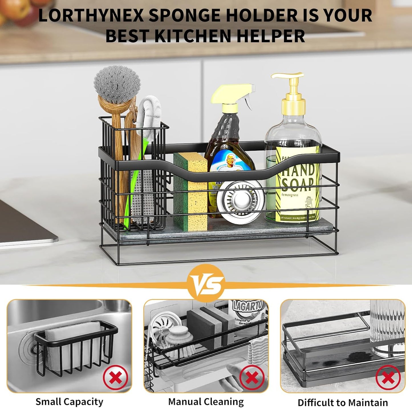 Sponge Holder for Kitchen Sink, Stainless Steel Sink Caddy and Drying Rack with Absorbent Stone, Rustproof Kitchen Organizer for Sponge, Brush, Soap,Space-Saving Countertop Accessory