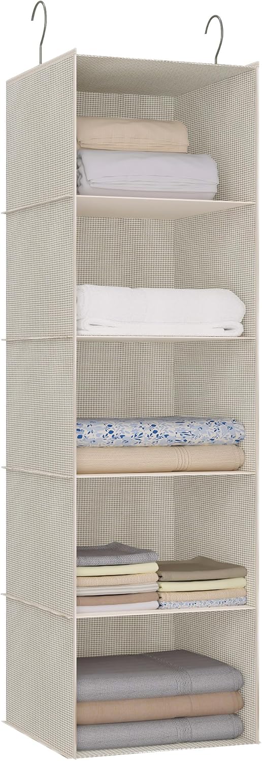 Hanging Closet Organizer, Easy Mount Foldable 5-Shelf Hanging Closet Wardrobe Storage Shelves, Clothes Handbag Shoes Accessories Storage, Imitation Linen Fabric, Beige Houndstooth