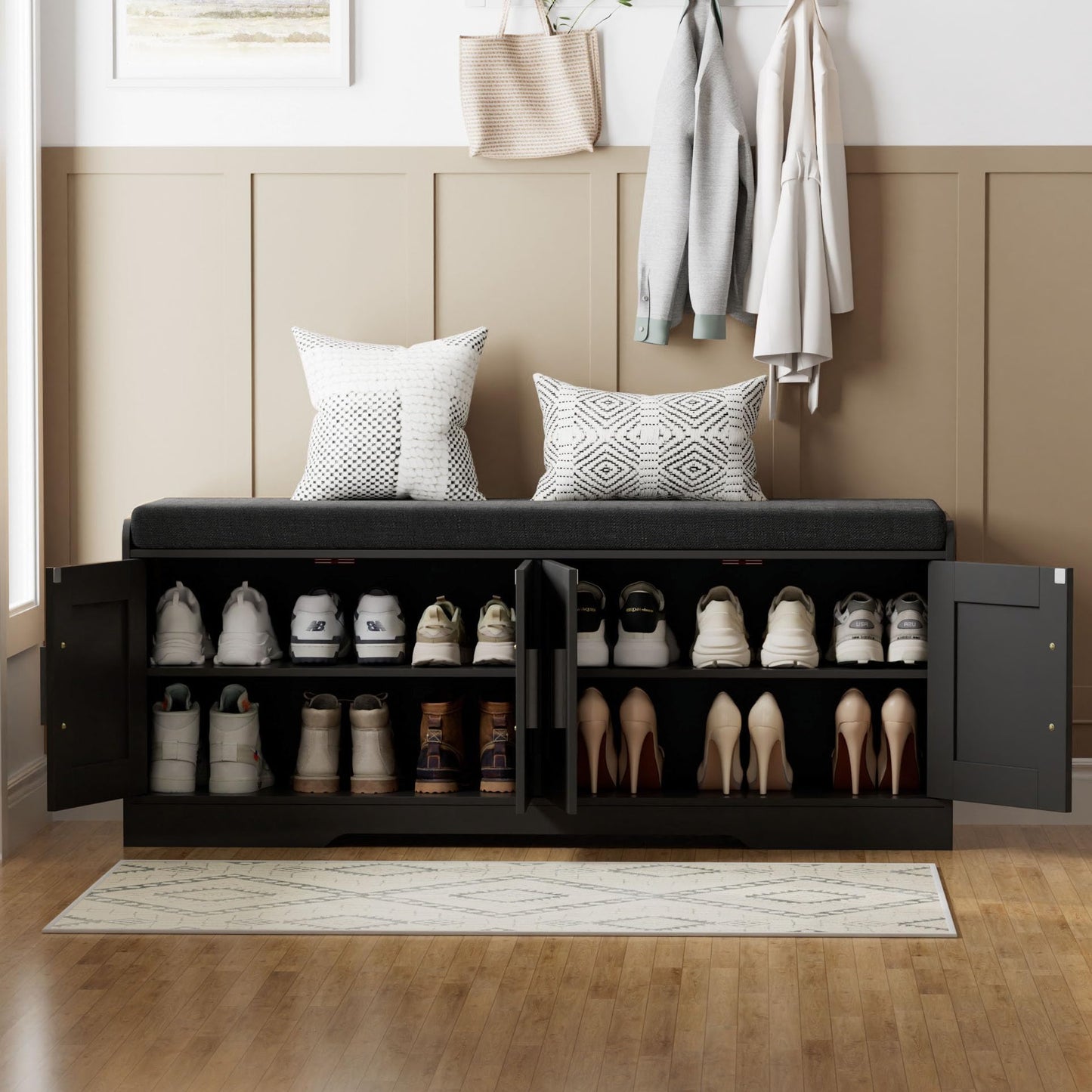 Homleke Shoe Storage Bench, 4 Doors & Thickened Padded Seat Cushion