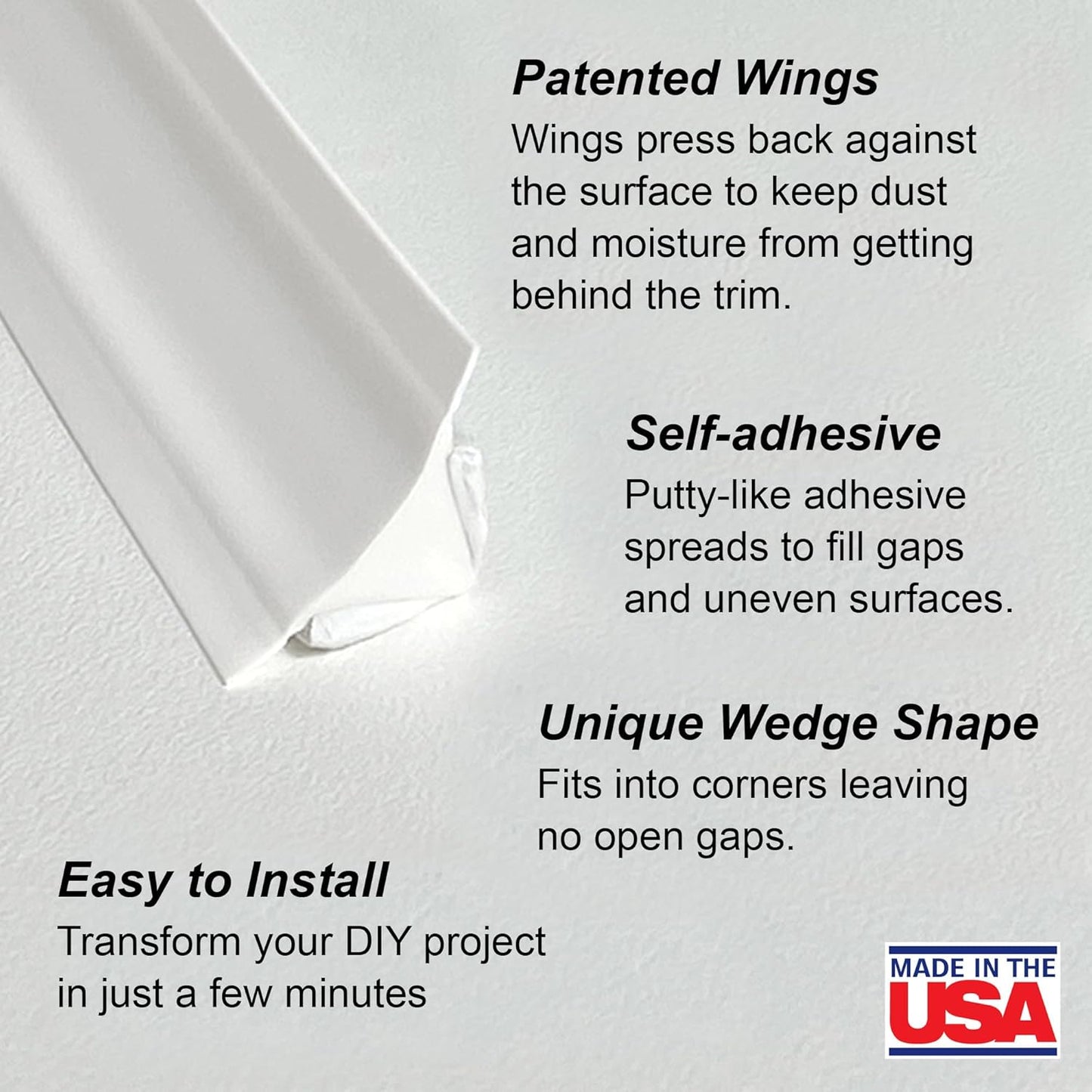 InstaTrim The Original Flexible Trim - 50ft White 3/4" Wide Caulk Tape - Adhesive Trim with Many Uses Including Caulking for Bathtubs, Sinks, Counters, Tile, Floors - Made in USA