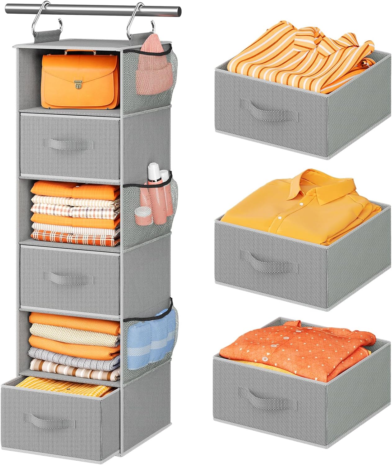 Pipishell Hanging Closet Organizer 6-Shelf, Hanging Shelves for Closet with 3 Removable Drawers & Side Pockets for Bedroom or Garment Rack, 12' x 12' x 43.3', Dark Gray