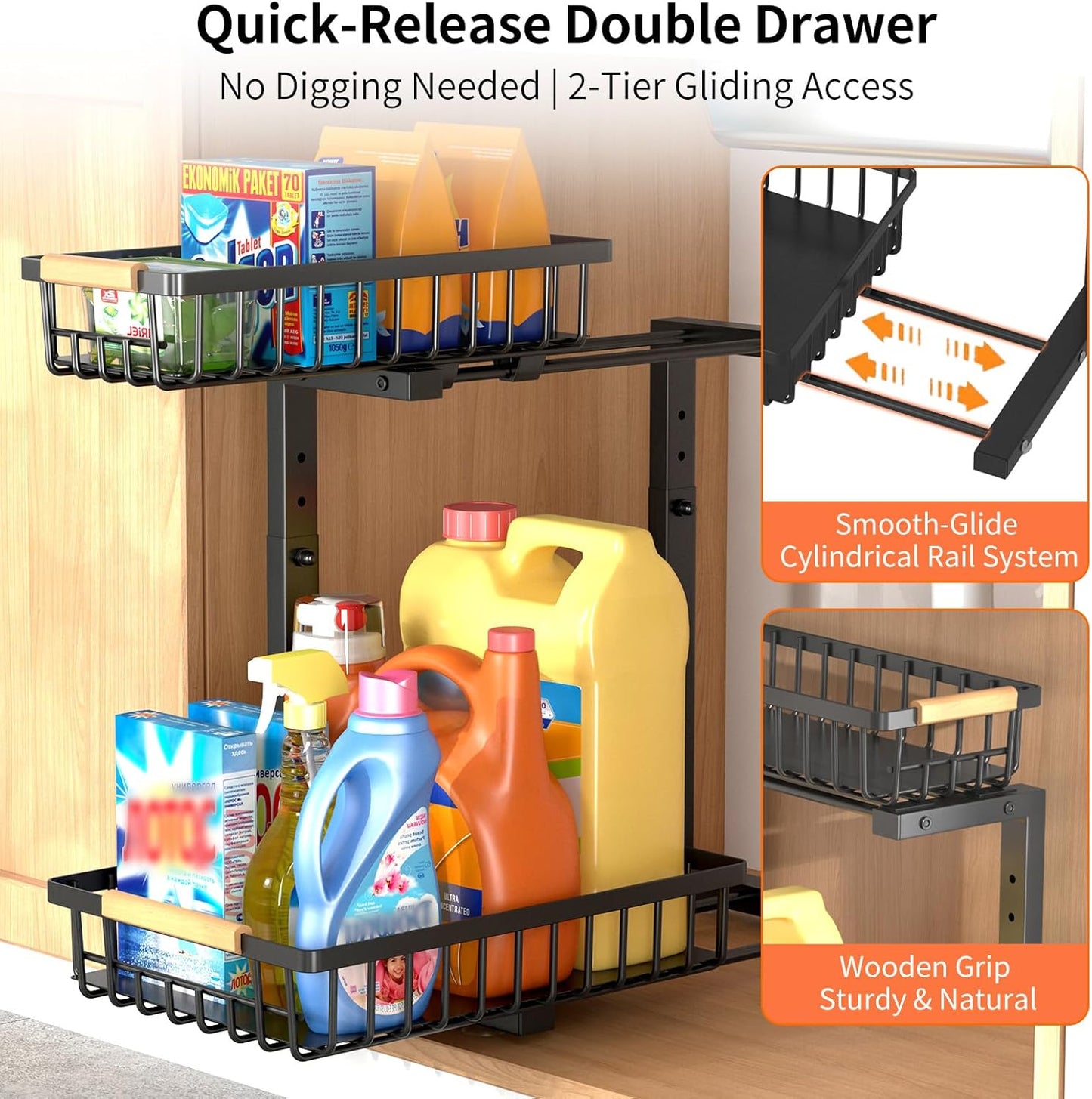 Under Sink Organizer, Under Sink Organizers and Storage, 2-Tier Pull Out Under Cabinet Organizer Storage Shelf, Metal Frame, Height Adjustable Rack for Bathroom Kitchen Pantry