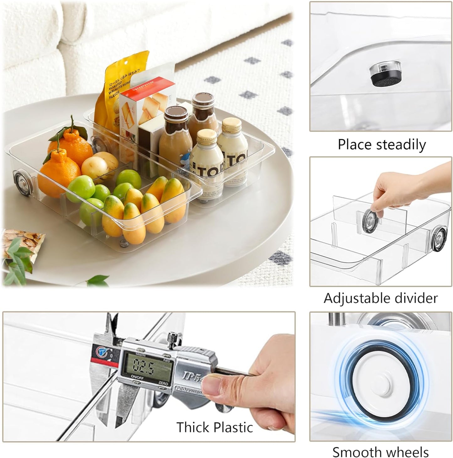 Fridge Organizer Bins With Wheels, 2 Pack Roll Out Refrigerator Organizers And Storage Refrigerator Drawer With Dividers, Upgrade Thick Plastic Pantry Storage Bins, Kitchen Organization