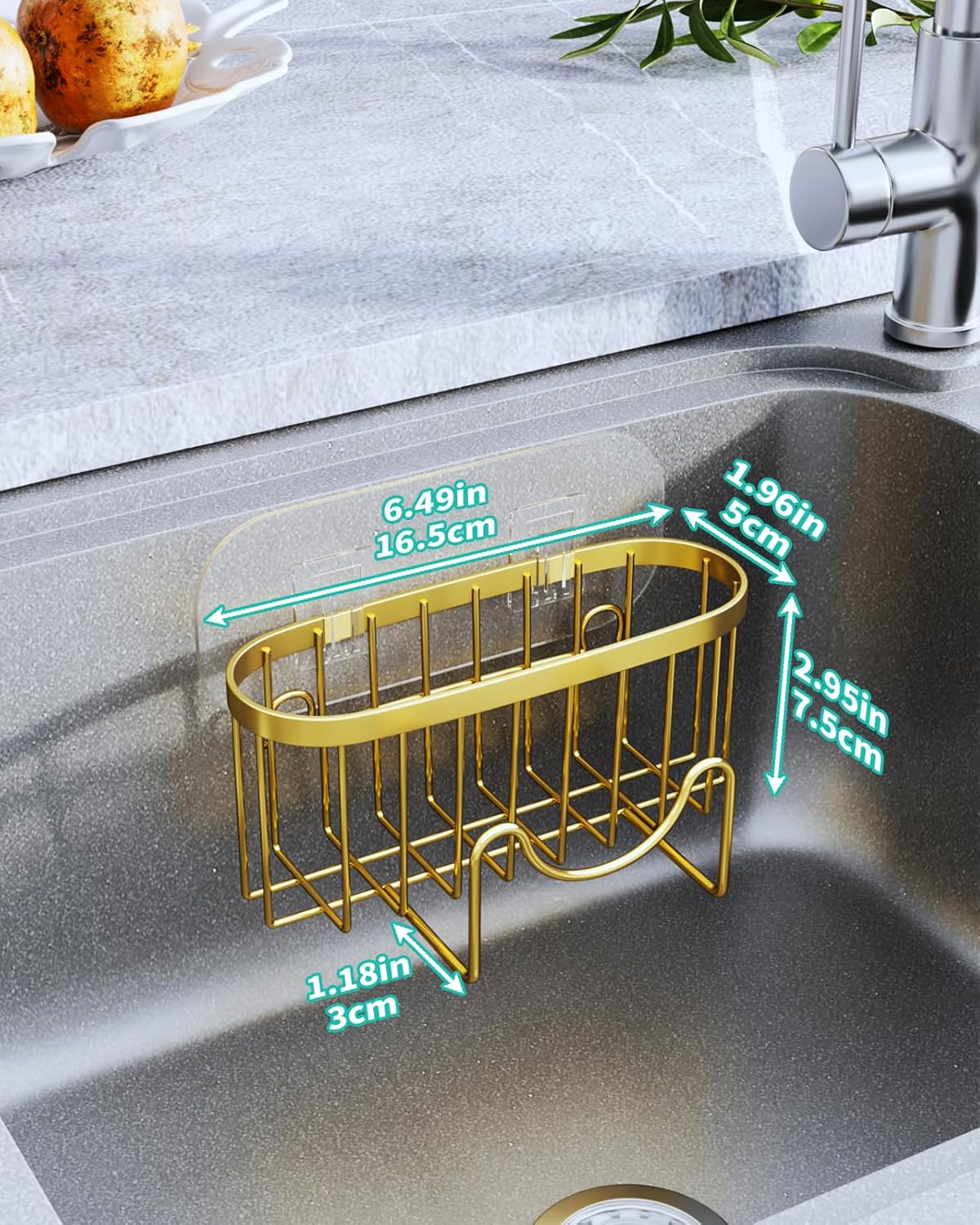 HapiRm Multifunctional Sponge Holder - 2 Installation Methods Sink Caddy with Unique M-shaped, Stainless Steel Kitchen Sink Organizer for Sponge, Brush, Stopper and Scraper - Gold