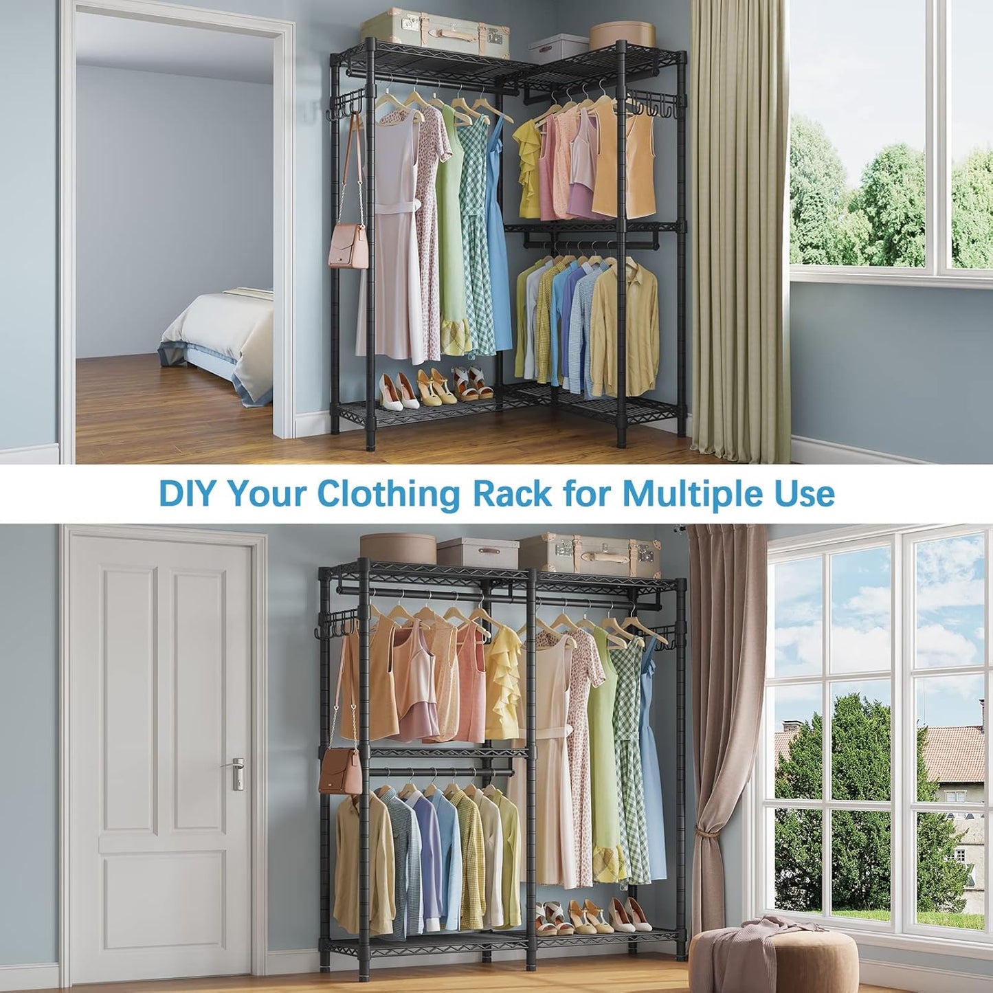 VIPEK L4 Garment Rack L Shaped Clothes Rack for Corner, Freestanding Portable Wardrobe Closet Heavy Duty Clothing Rack with 3 Hanging Rods & 2 Side Hooks, 43.3"Lx29.1"Wx76.4"H, Max Load 810LBS, Black