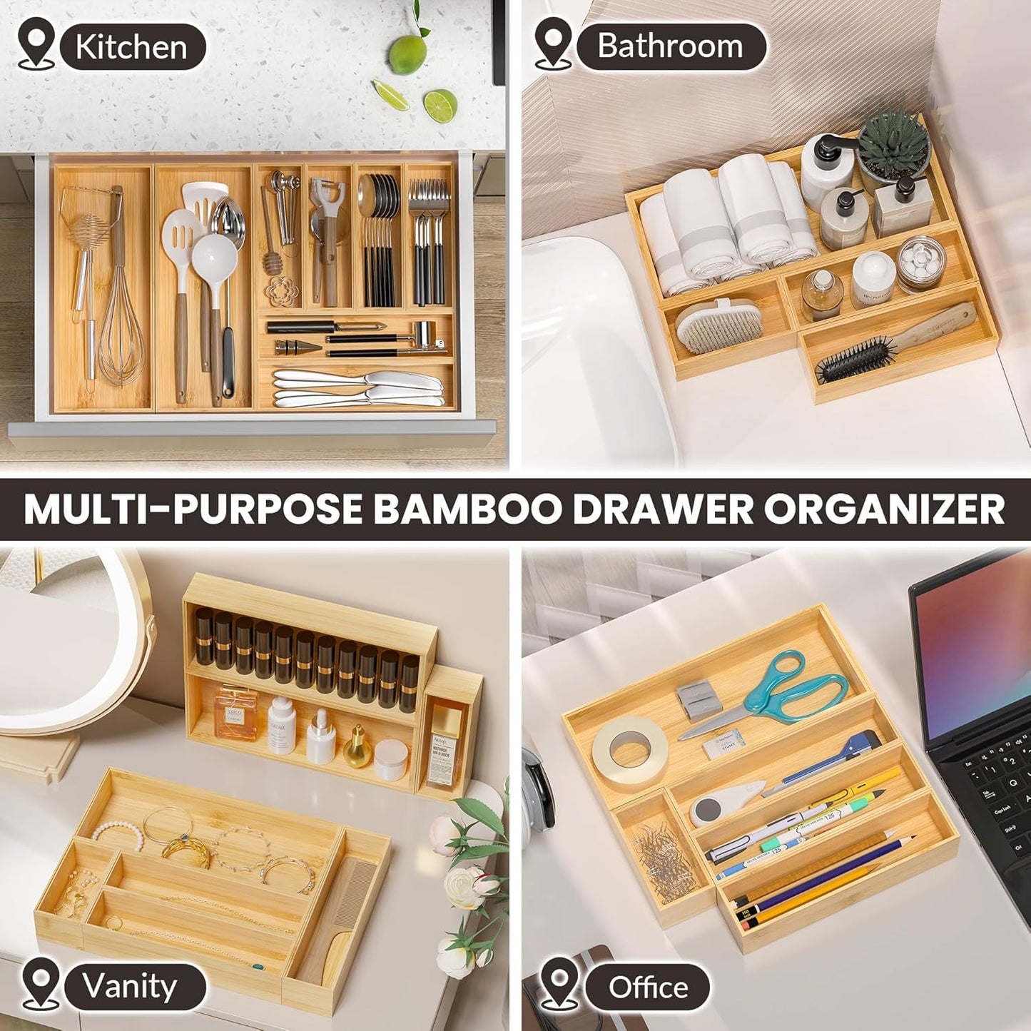 Kitchen Drawer Organizer Bins, Stackable Bamboo Drawer Organizer for Silverware, Flatware, Coffee Pod Organizer K Cup Holder for Countertop, 2 Pcs Coffee Station Organizer 12" x 6" x 2.5"