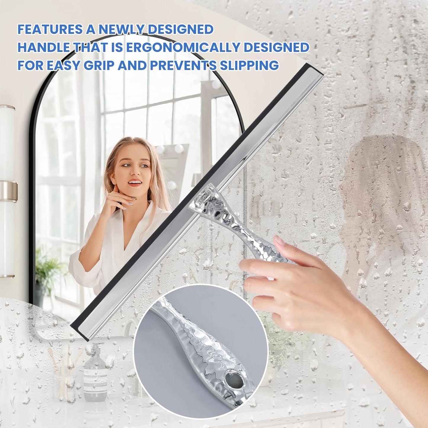 12" Silver Shower Squeegee with Hammered Handle & Waterproof Hook for Glass Doors, Silicone Bathroom Tile Wall and Car Window - Streak-Free Handheld Squeegee